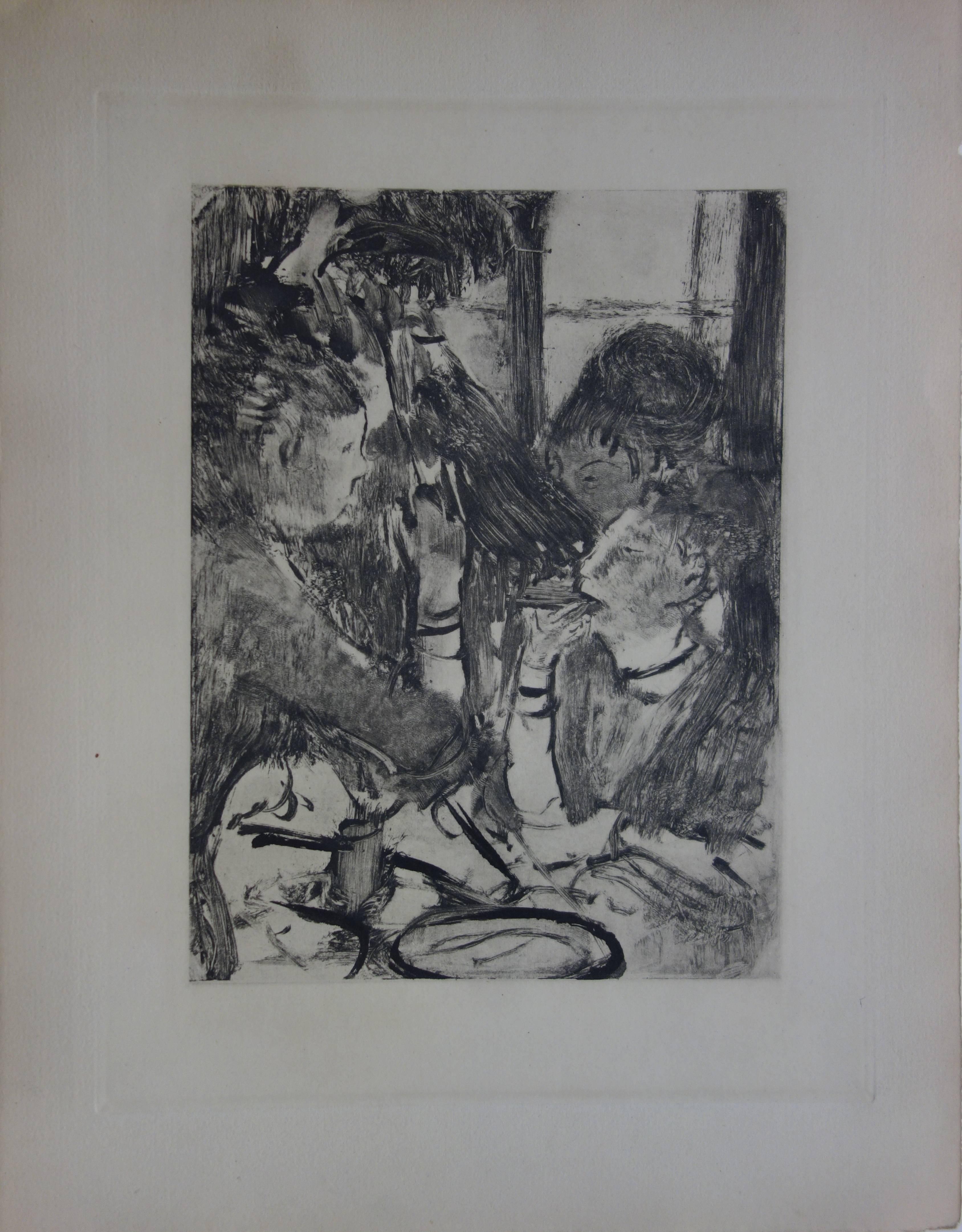 Whorehouse Scene : Prostitutes Sharing a Meal - Original etching - Print by (after) Edgar Degas