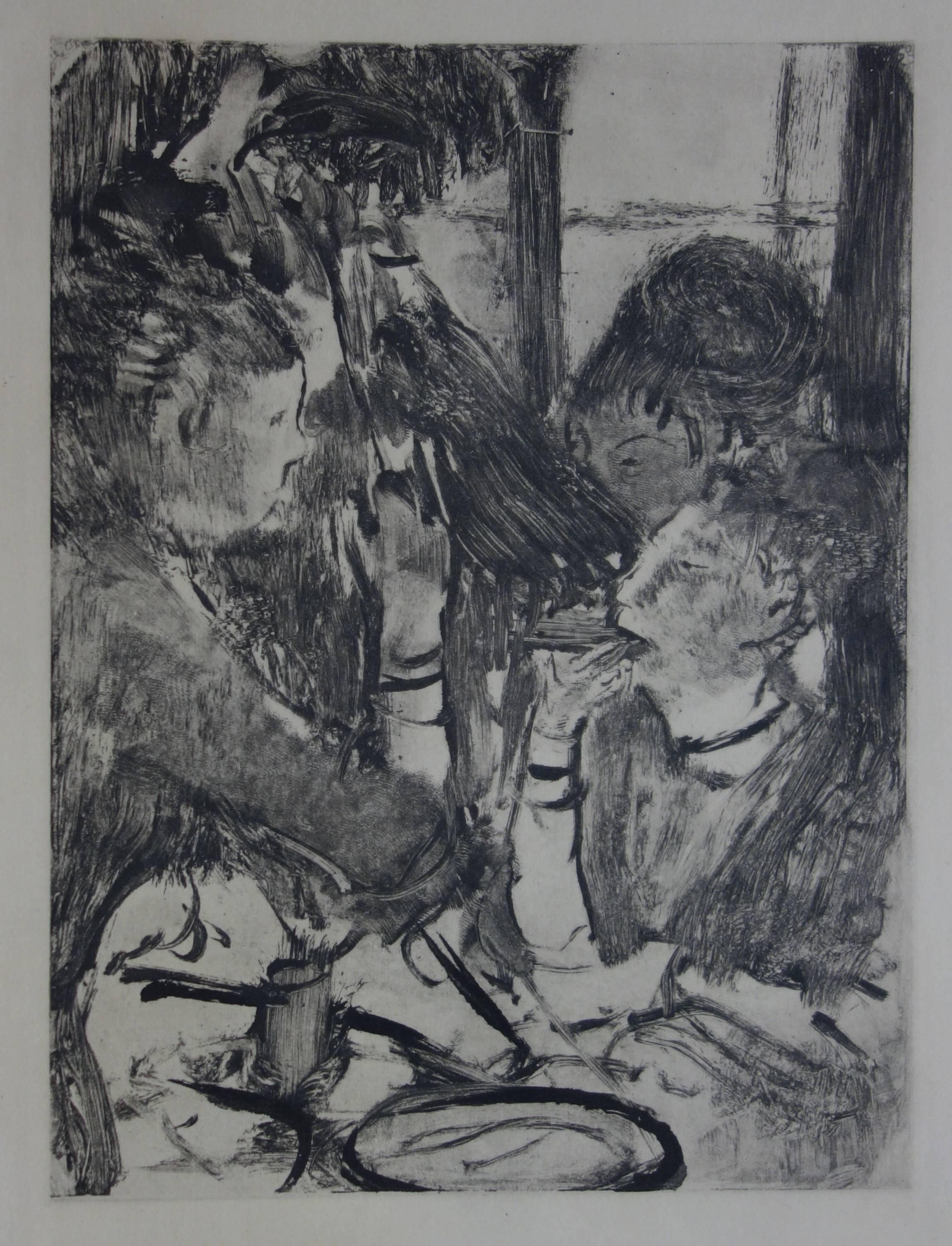(after) Edgar Degas Figurative Print - Whorehouse Scene : Prostitutes Sharing a Meal - Original etching