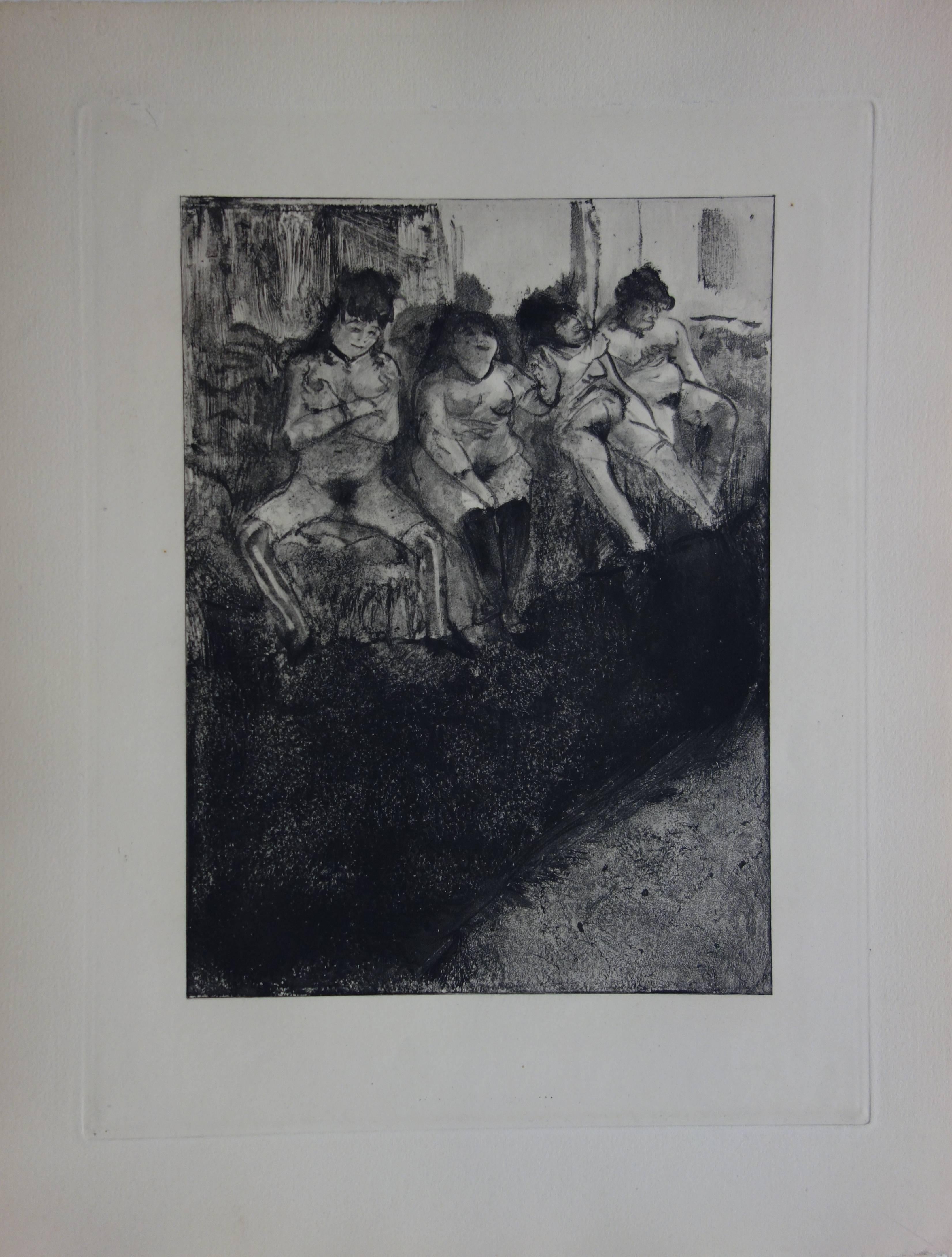 Whorehouse Scene : Shy and Challenging Prostitutes - Original etching - Print by (after) Edgar Degas