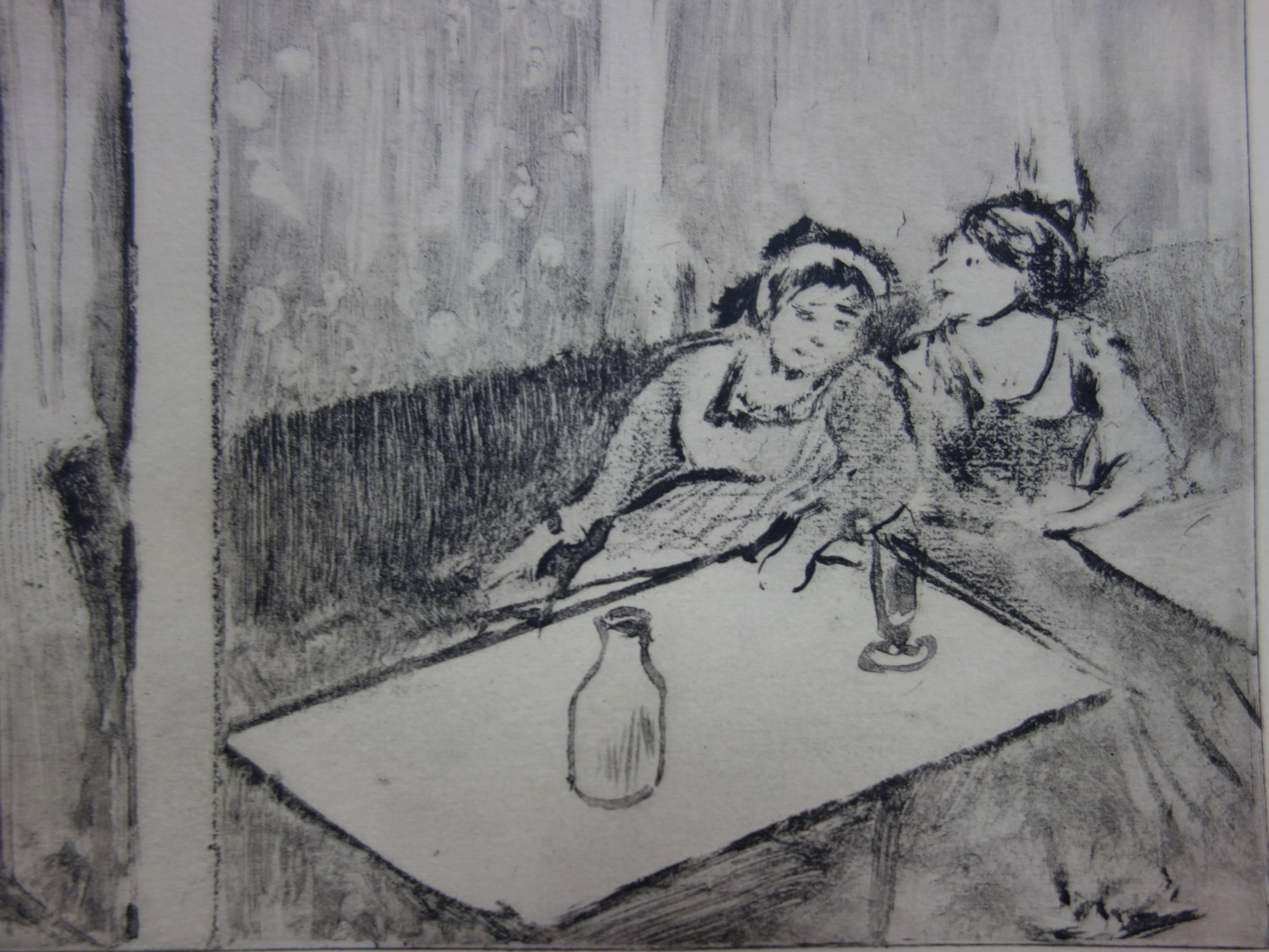 Scène de Whorehouse : Champagne avant l'amour - eau-forte - Gris Figurative Print par (after) Edgar Degas