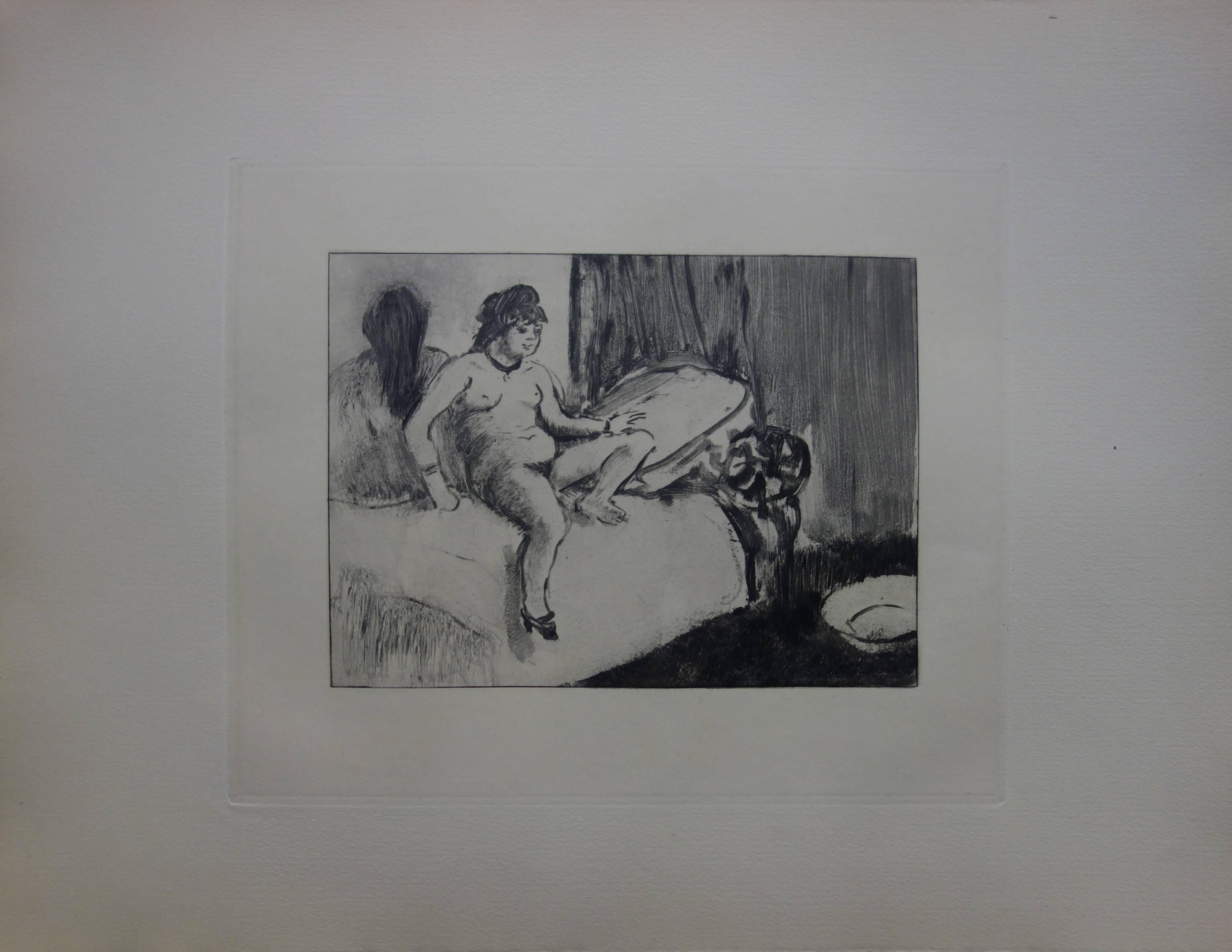 Scène de serre : Dans la pièce avec un miroir - eau-forte - Print de (after) Edgar Degas