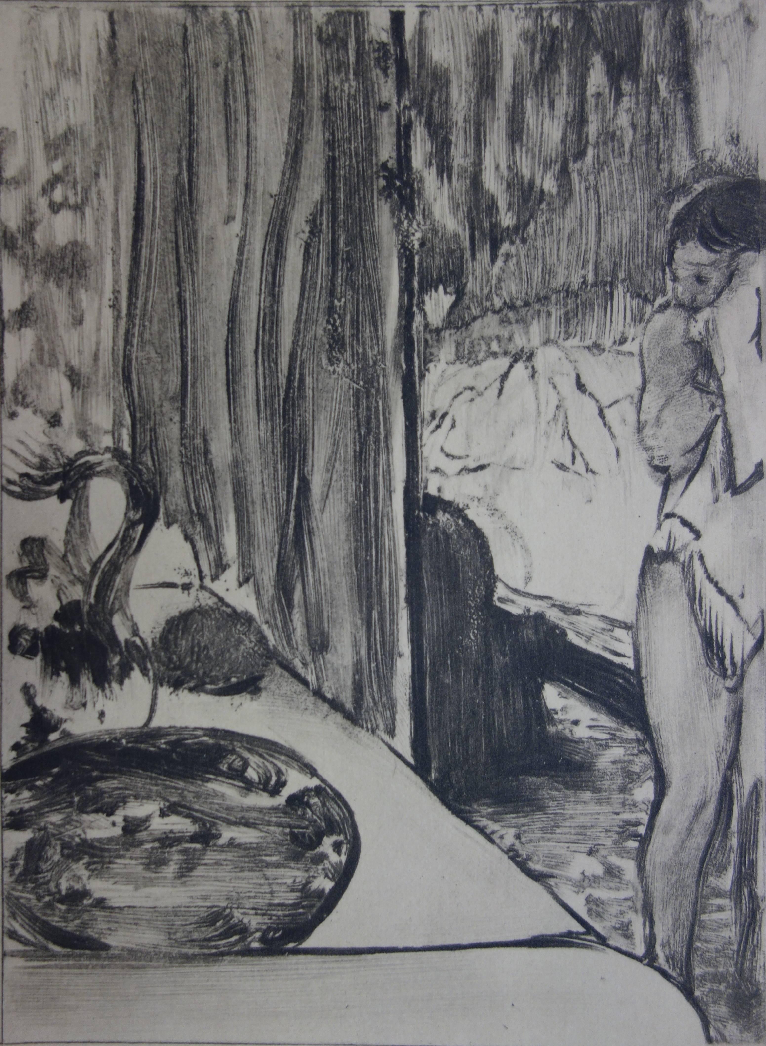 Escena de prostíbulo : El retrete - Aguafuerte - Figurative Print Gris de (after) Edgar Degas