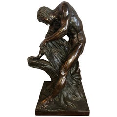 After Edme Dumont 19th Cent Large Bronze Depicting Male Figure of Milo De Croton