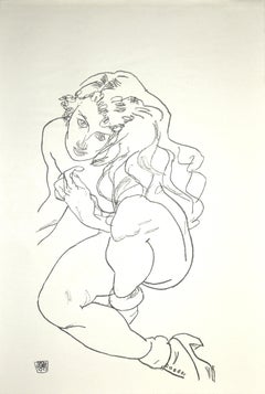 Crouching Female Nude - Original Collotype Print After Egon Schiele - 1920