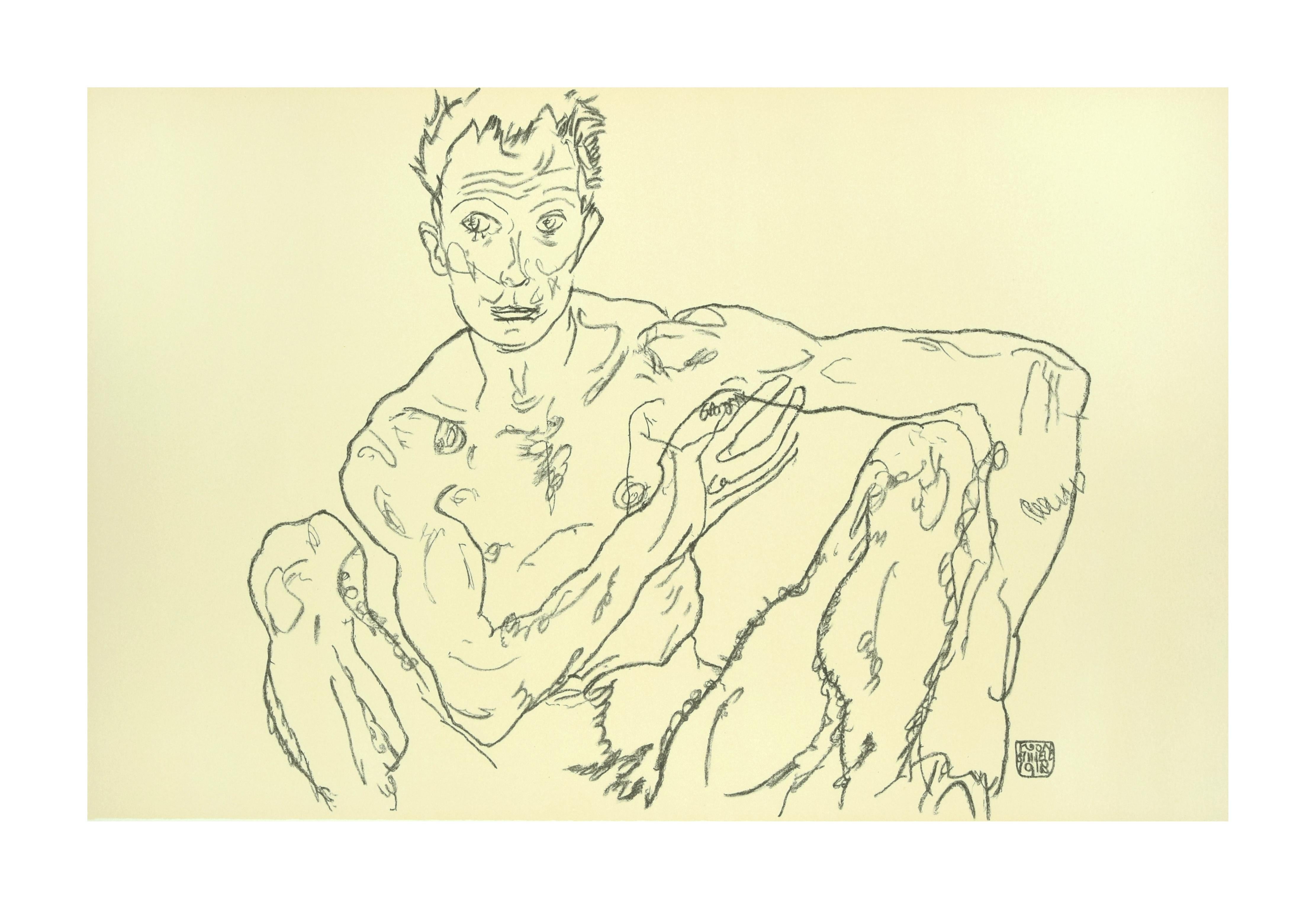 (after) Egon Schiele Nude Print - Crouching Male Nude (Self-Portrait) - 2000s - by Egon Schiele - Modern Art