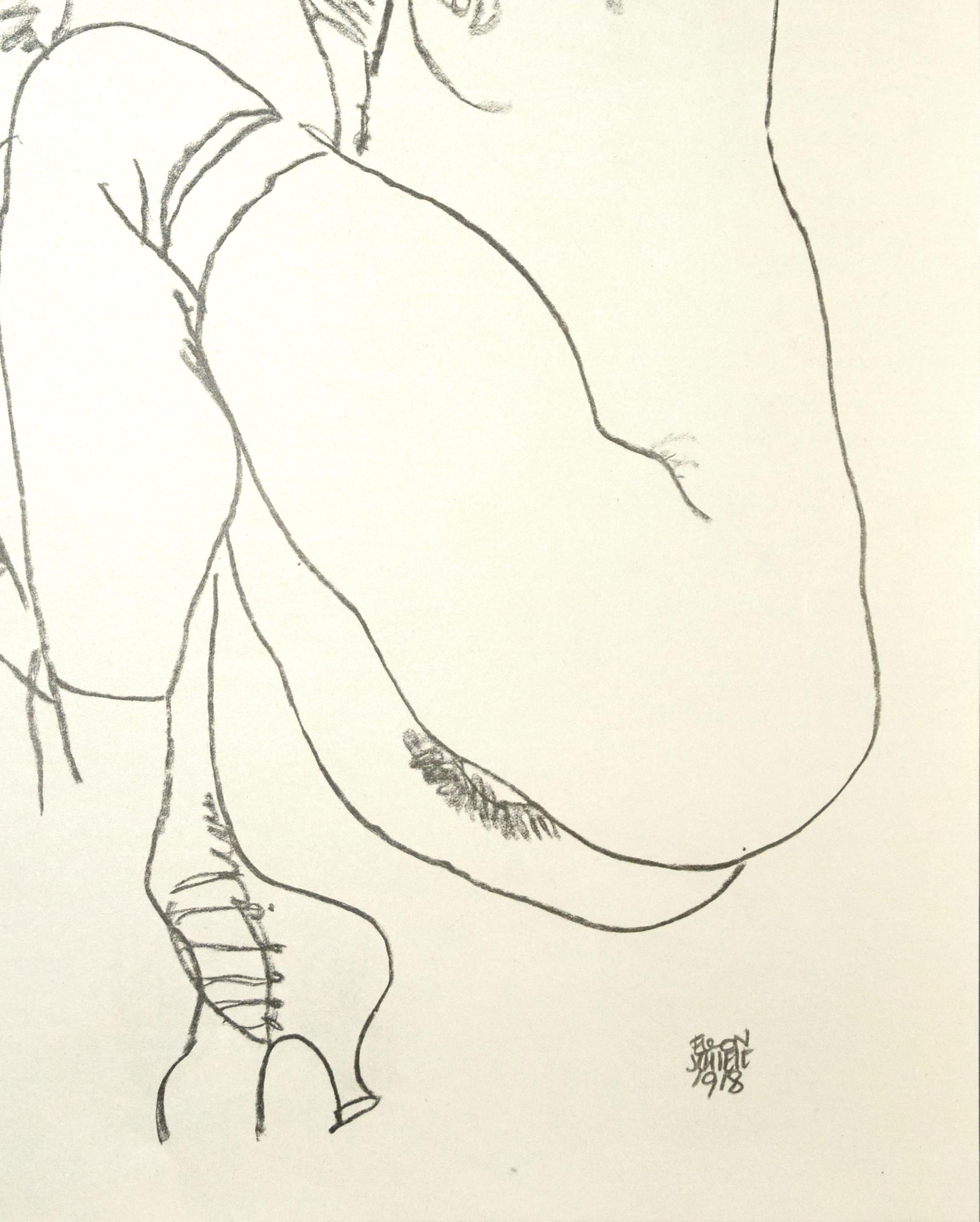 Crouching Nude of Woman - Original Collotype Print After Egon Schiele - 1920 - White Nude Print by (after) Egon Schiele