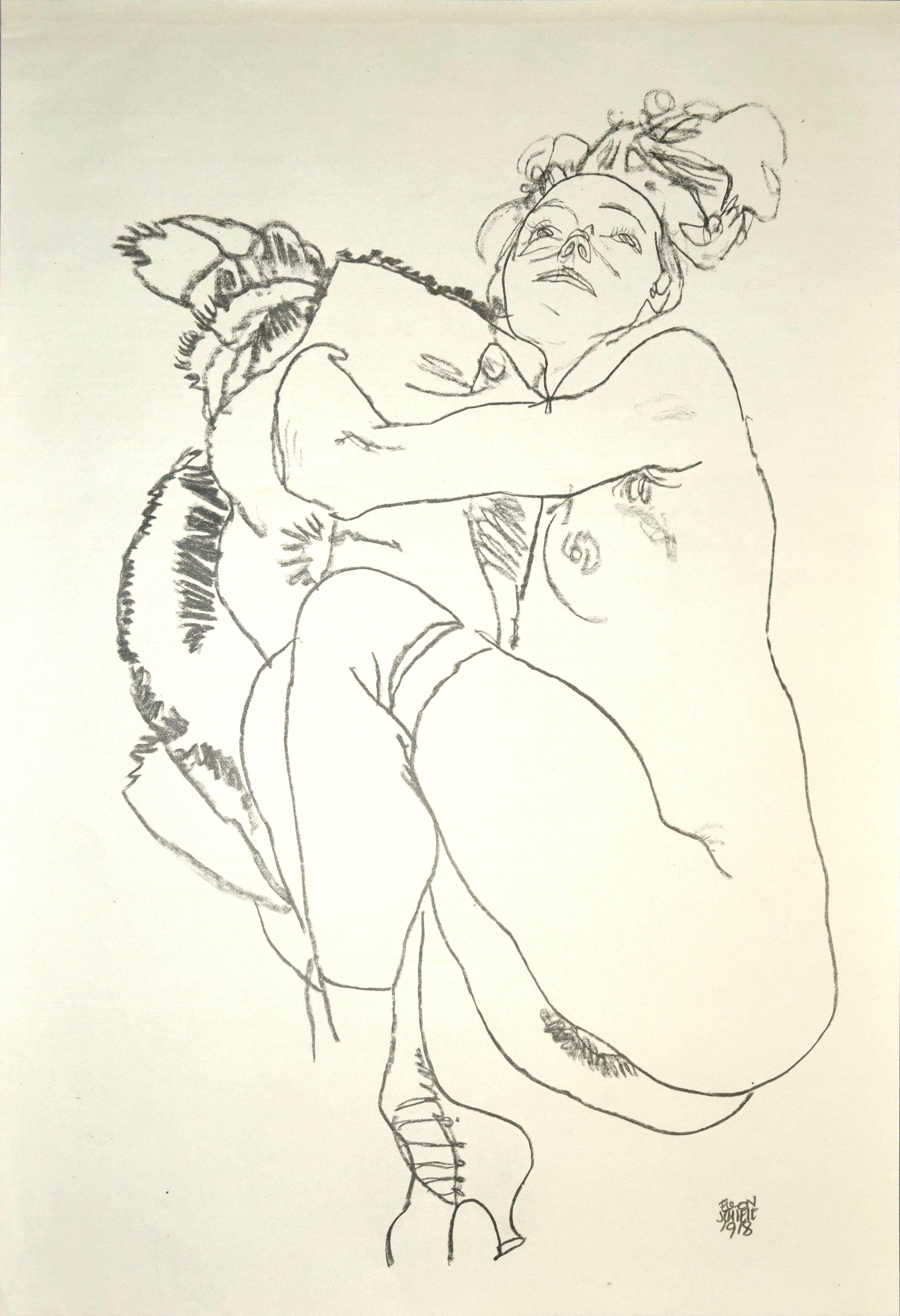 (after) Egon Schiele Nude Print - Crouching Nude of Woman - Original Collotype Print After Egon Schiele - 1920