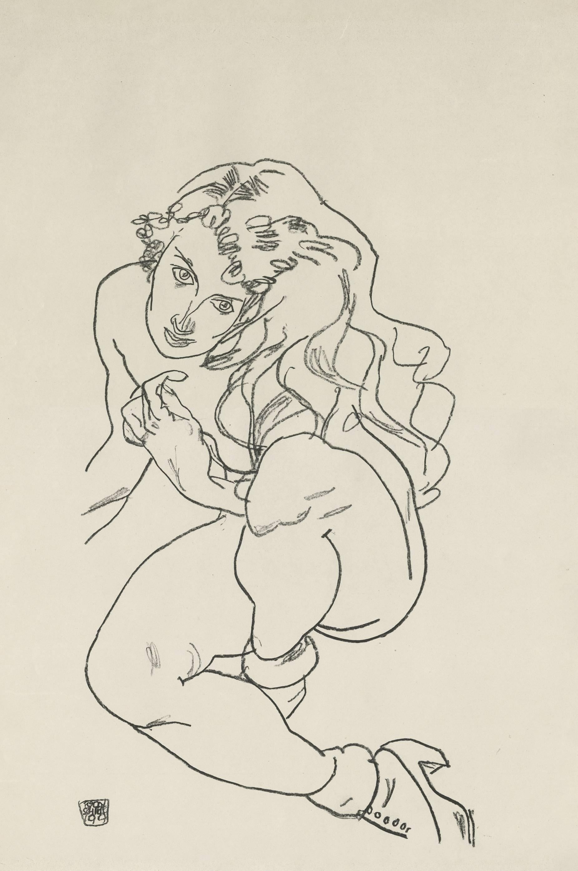 (after) Egon Schiele Figurative Print - E. Strache, Handzeichnungen folio, "Crouching Female Nude" Collotype plate V