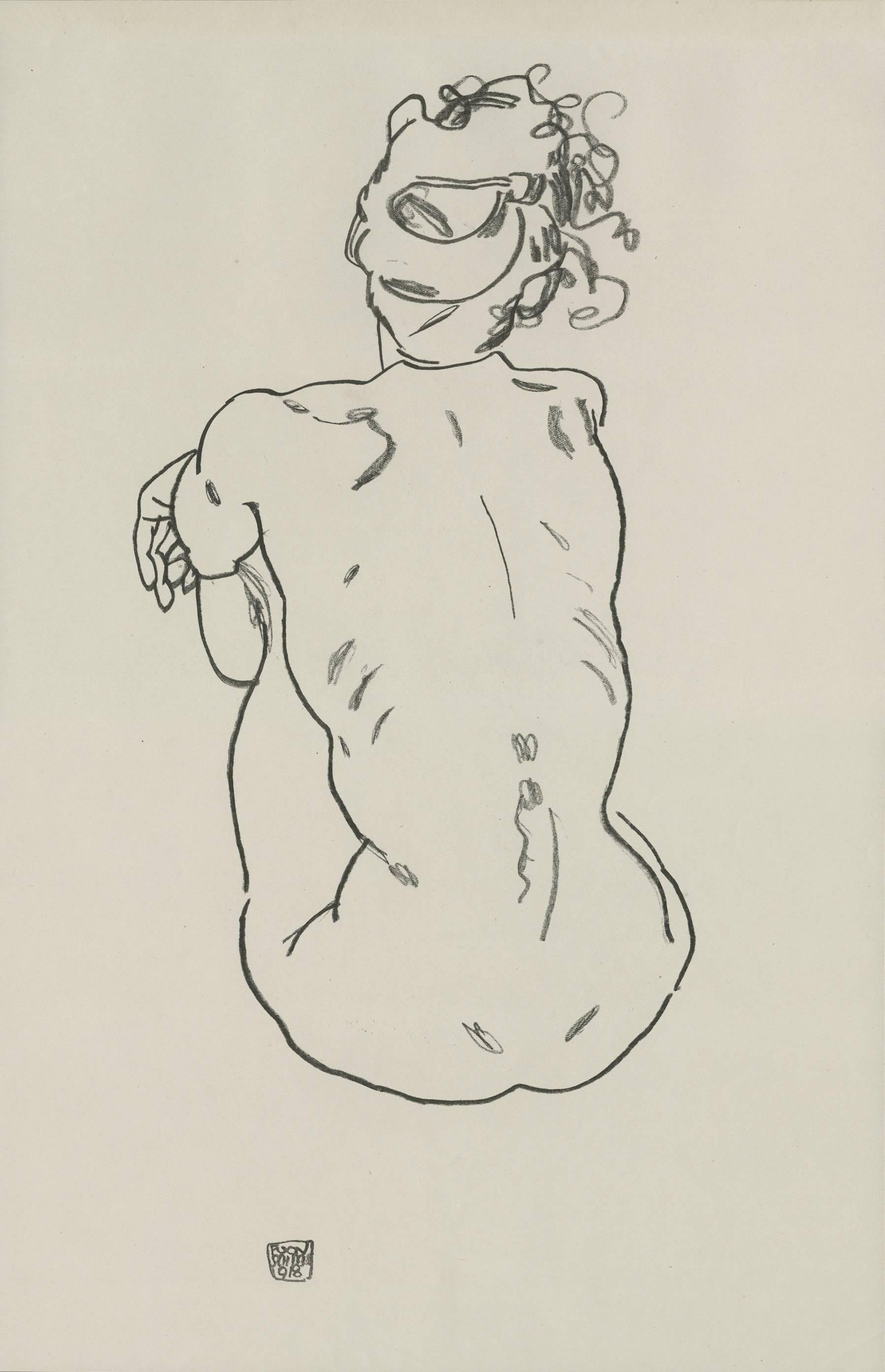 (after) Egon Schiele Figurative Print - E. Strache, Handzeichnungen folio, "Female Nude, Back View" Collotype plate