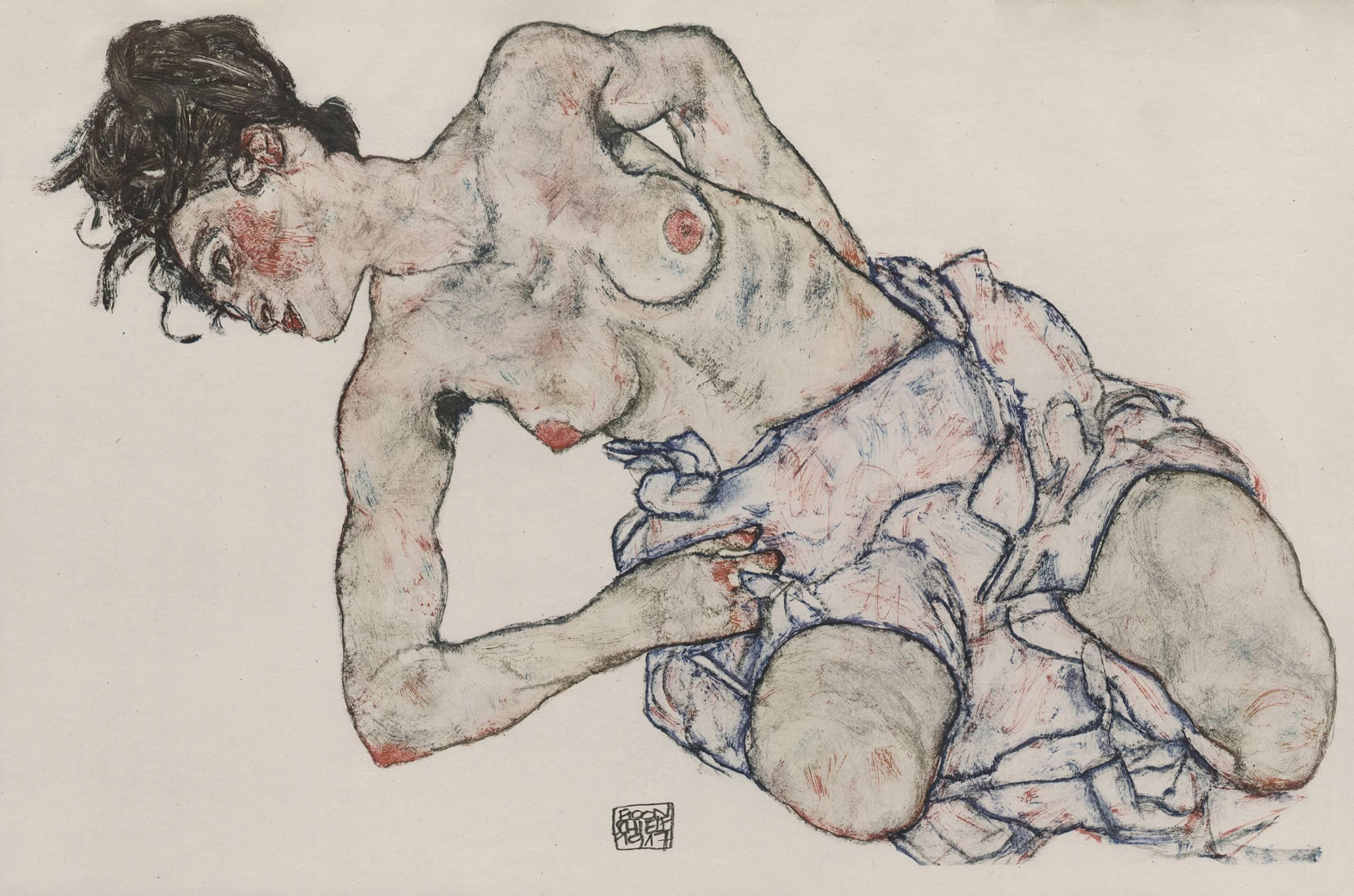 (after) Egon Schiele Figurative Print – E. Strache, Handzeichnungsblatt, „Kniende weibliche Figur, Halbakt“, Collotyp-Platte