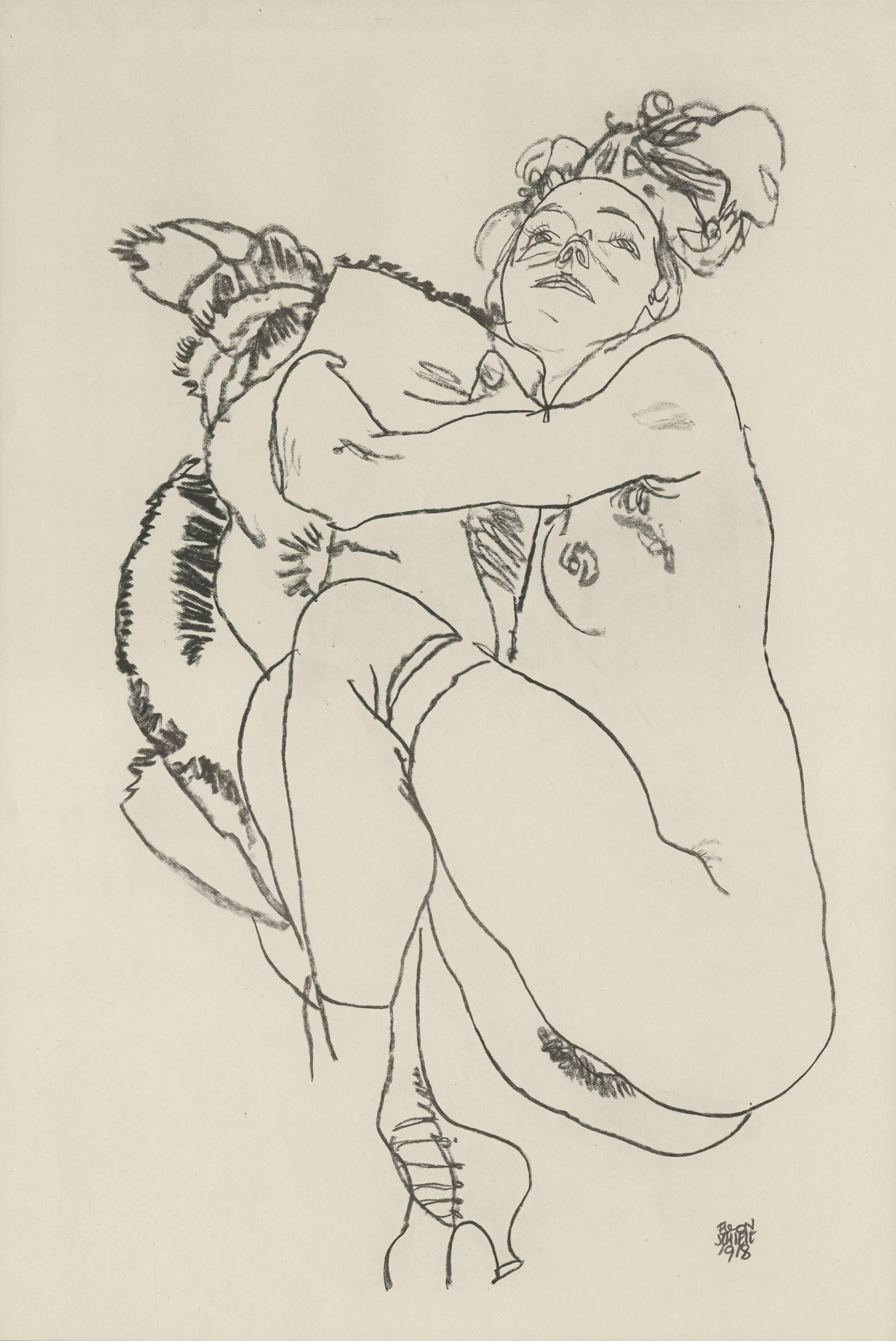 Figurative Print (after) Egon Schiele - E. Strache, Handzeichnungen folio, Collotype « Reclining Female Nude Glancing Up »