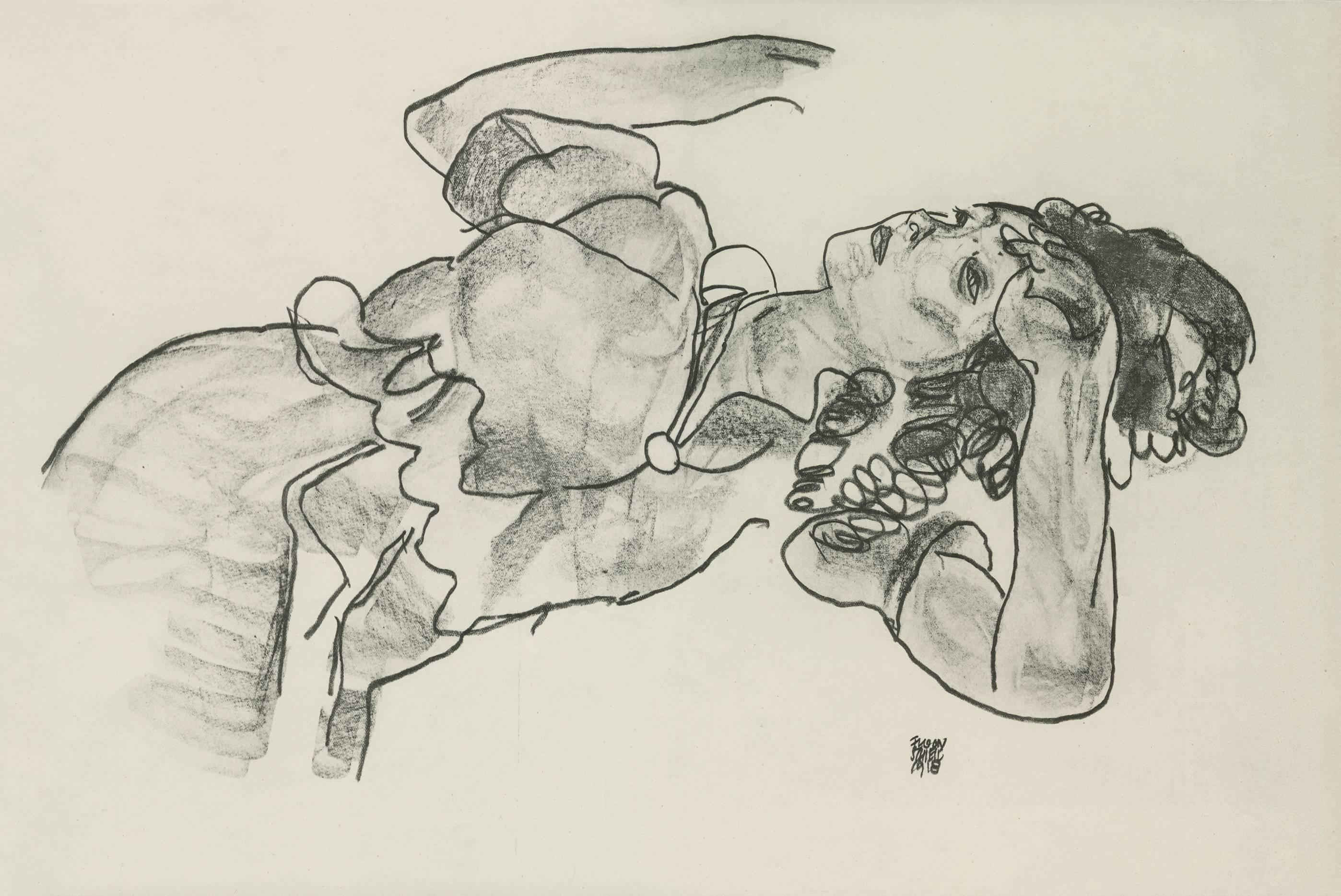 (after) Egon Schiele Figurative Print - E. Strache, Handzeichnungen folio, "Reclining Girl, Half-Figure" Collotype plate
