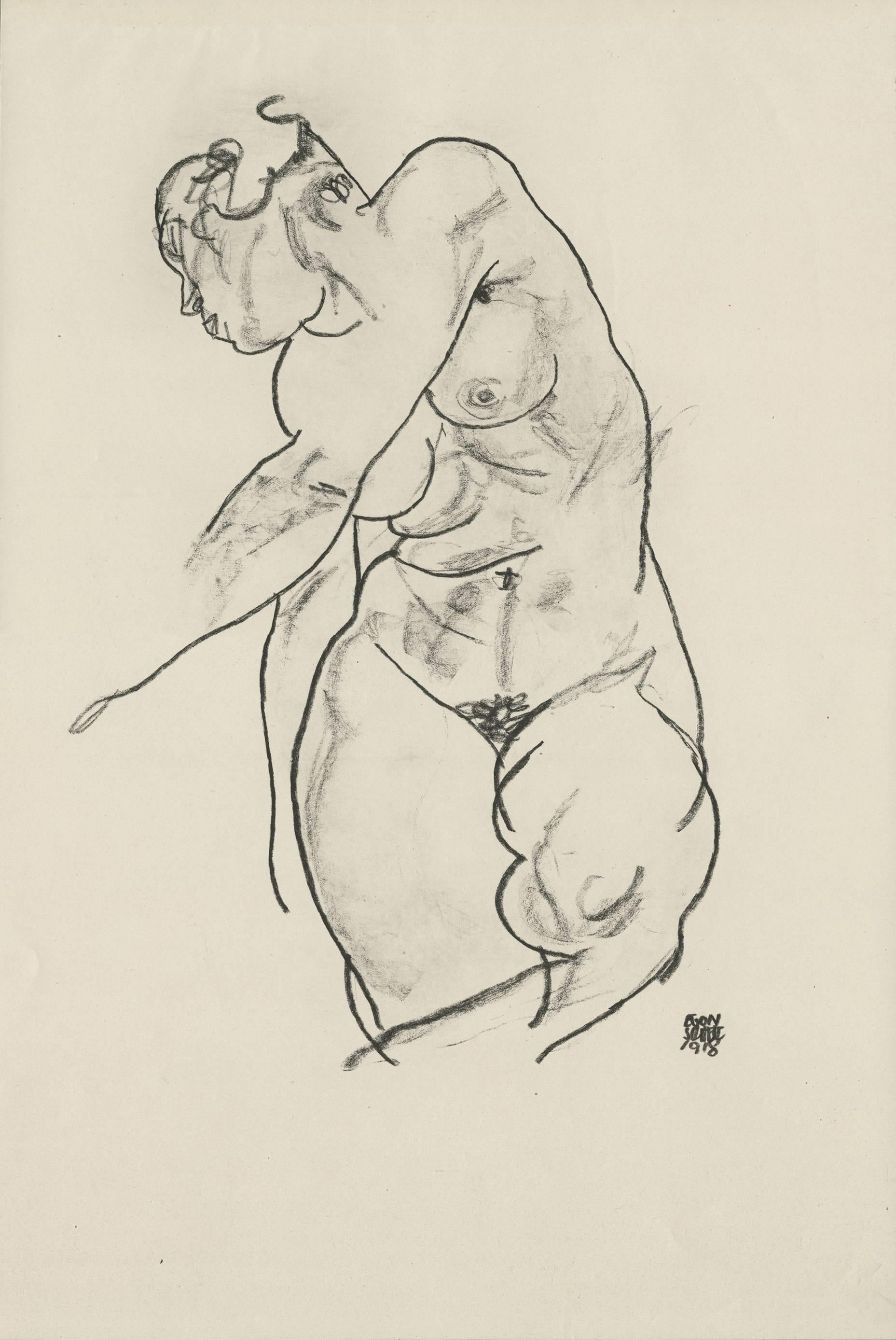 (after) Egon Schiele Figurative Print - E. Strache, Handzeichnungen folio, "Standing Female Nude" Collotype plate