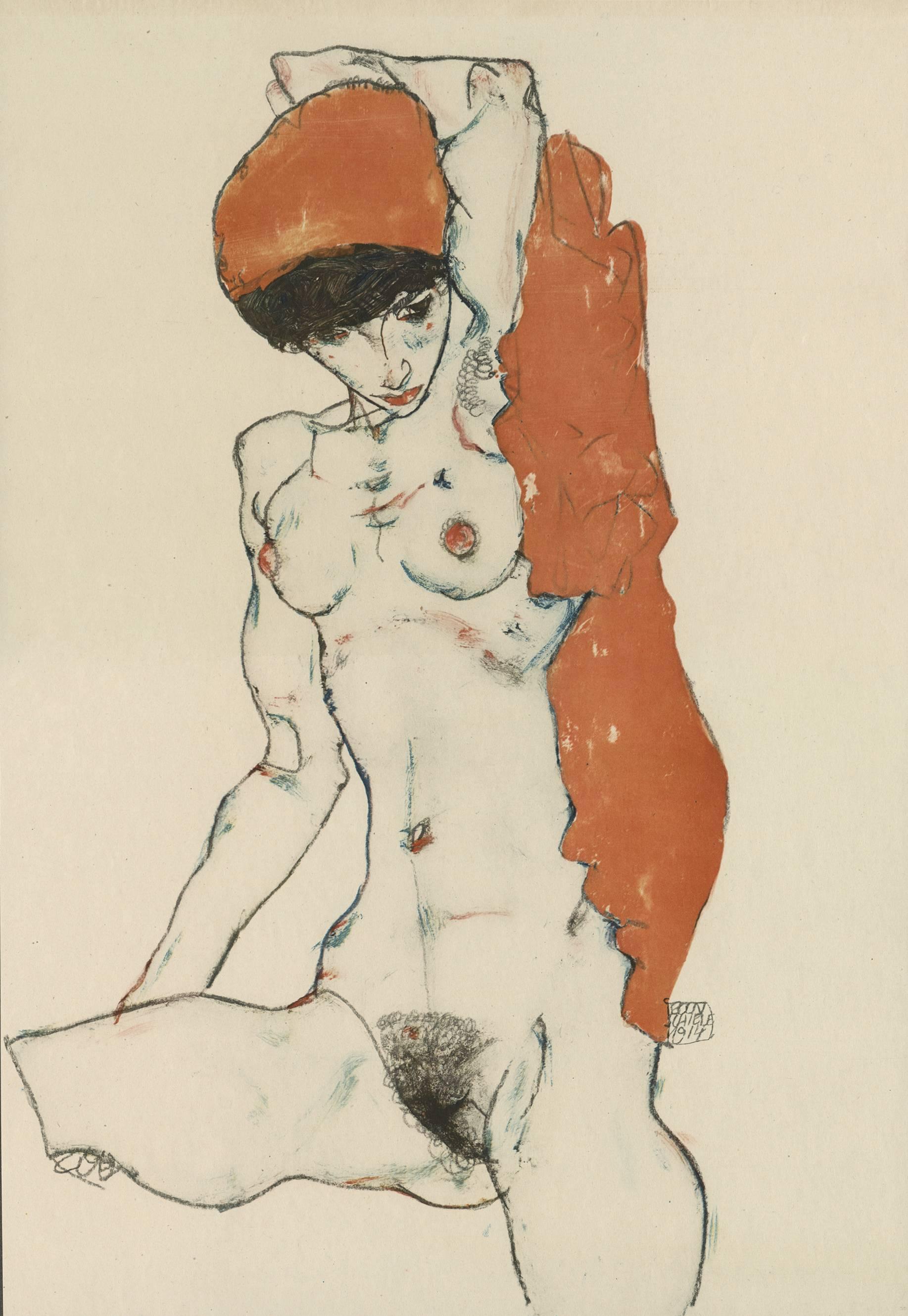 (after) Egon Schiele Figurative Print - E. Strache, Handzeichnungen, "Seated Female Nude w/Orange Drapery" Collotype