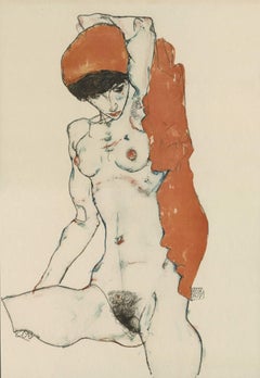 E. Strache, Handzeichnungen, "Seated Female Nude w/Orange Drapery" Collotype