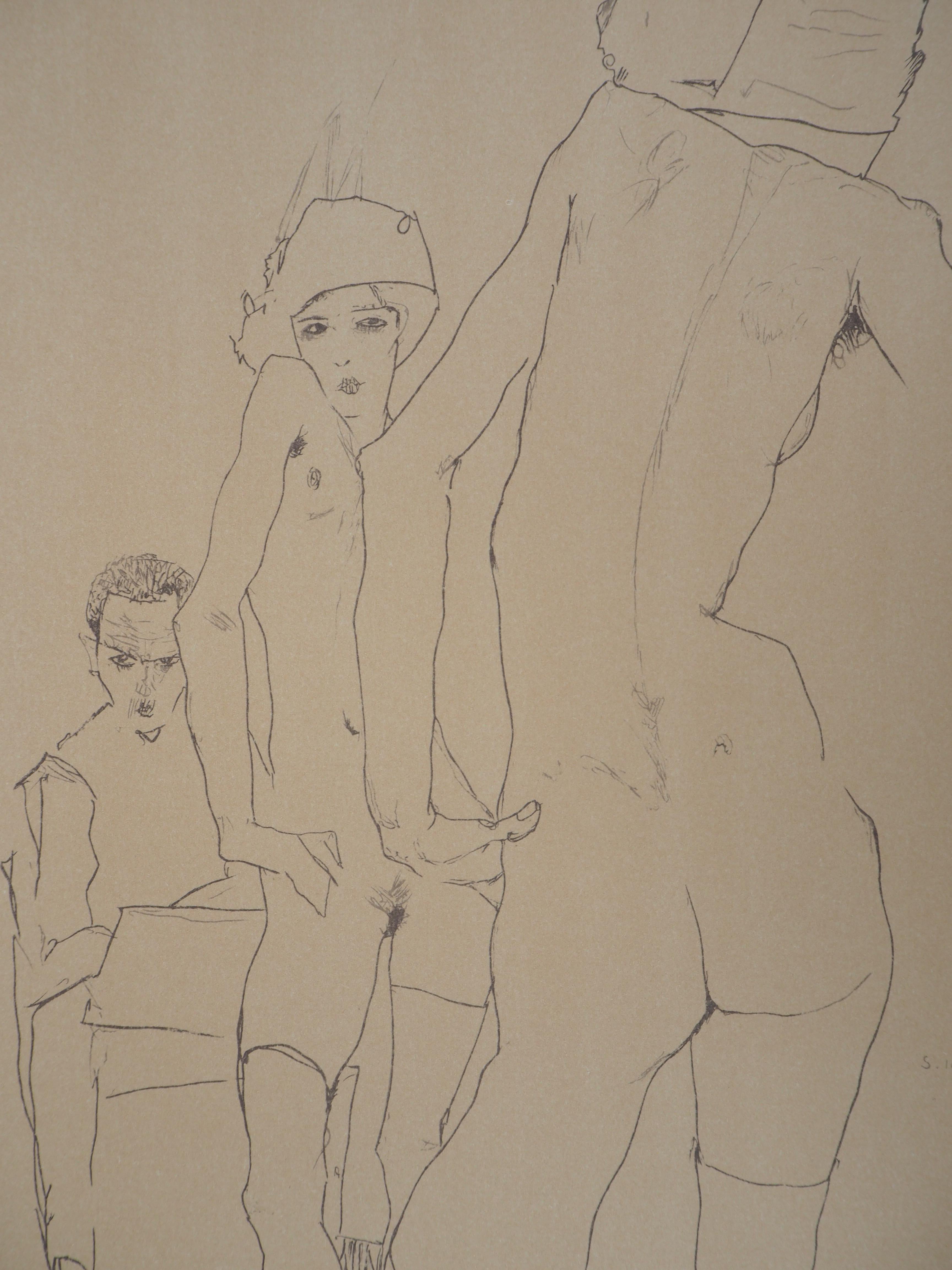 In the Miror - Lithograph (Kallir #D737) - Brown Figurative Print by (after) Egon Schiele