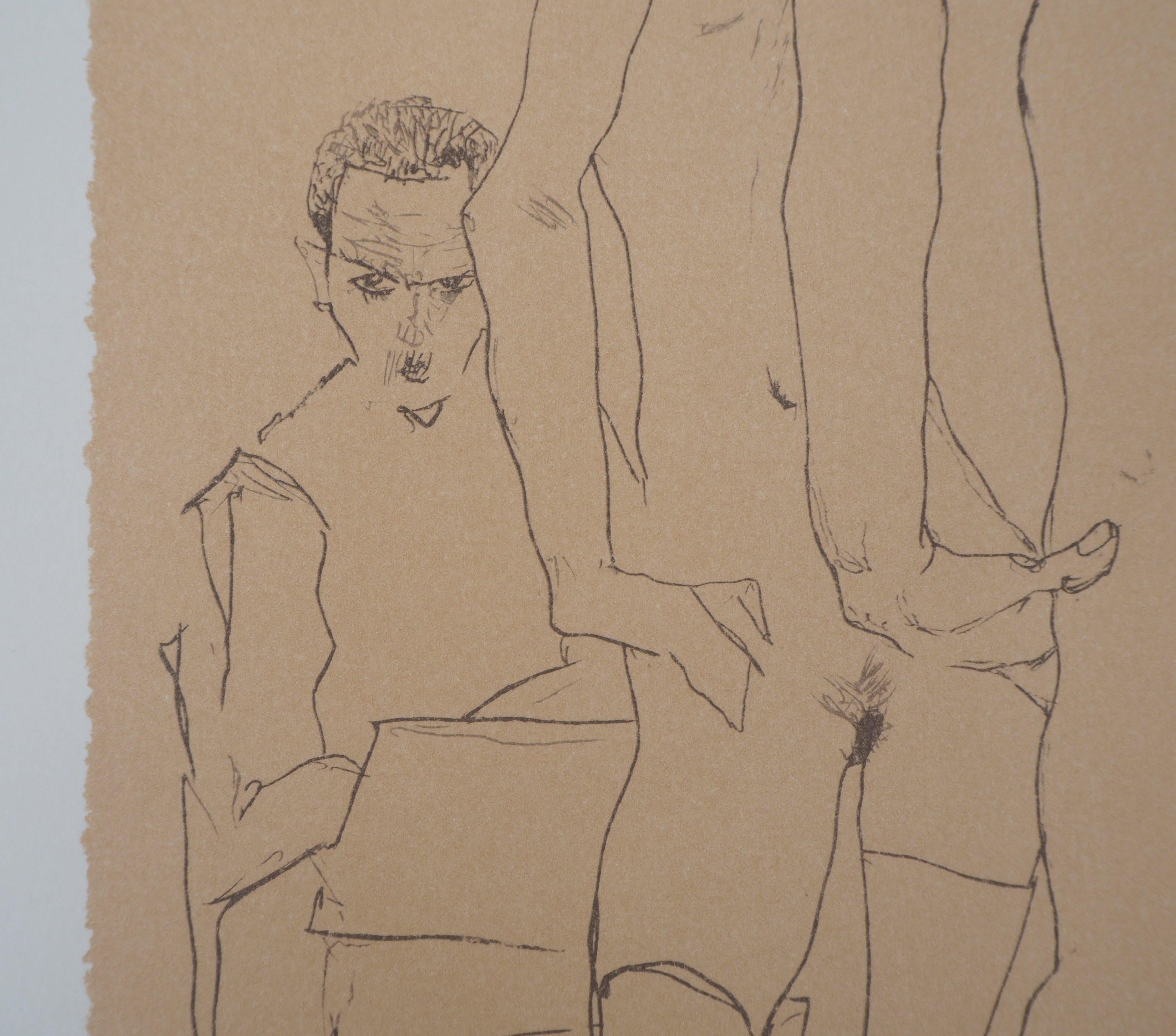 Egon SCHIELE (nach)
Im Rückspiegel

Lithographie nach einer Zeichnung von 1910
Gedrucktes Monogramm auf der Platte
Auf Velinpapier 50 x 32 cm (ca. 19,7 x  12,6 Zoll)

REFERENZEN : Die Originalzeichnung ist im Catalog raisonne Kallir #D690