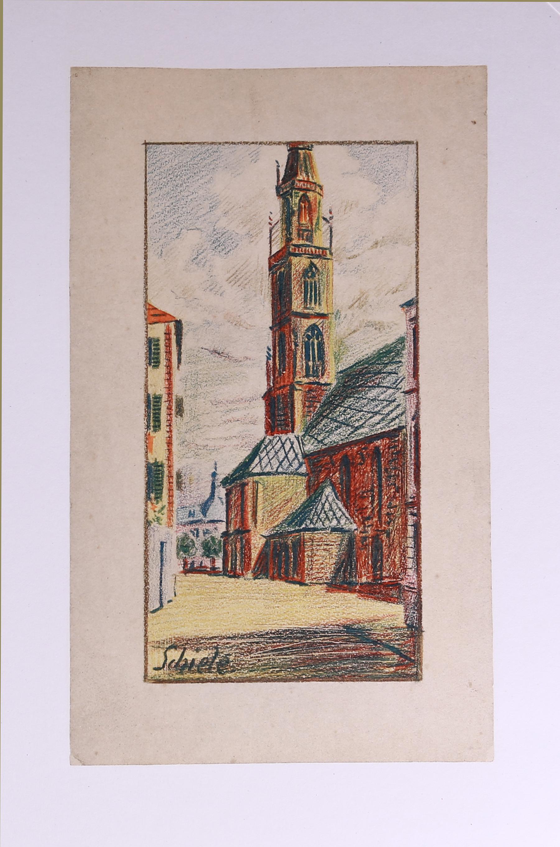 (after) Egon Schiele Landscape Print - Kirche von Bozen, Farbkreide, 1906 (Church of Bolzano, Color Crayon)