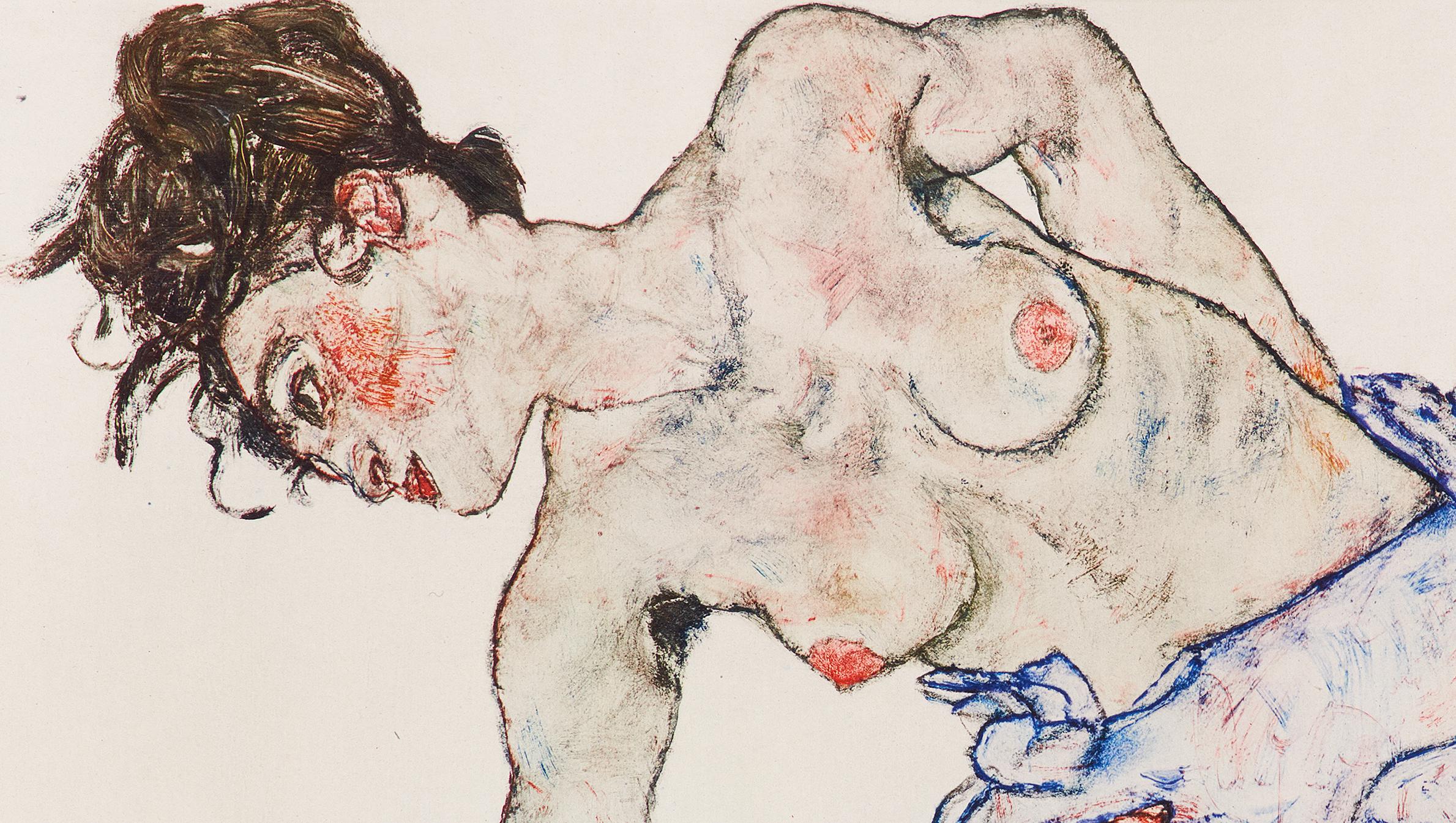 Kneeling Female Nude - Original Collotype Prints After Egon Schiele - 1920 - Gray Nude Print by (after) Egon Schiele