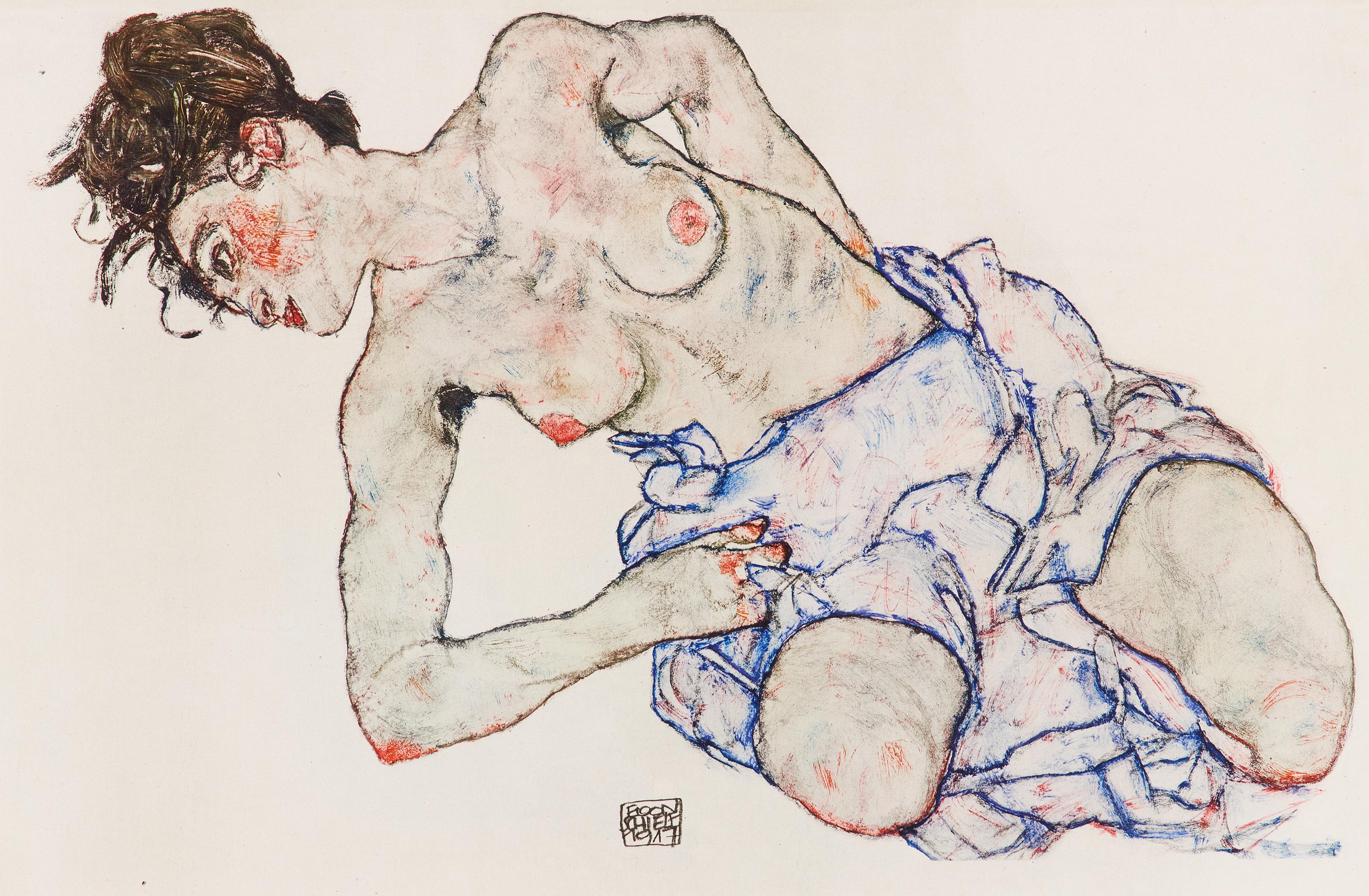 (after) Egon Schiele Nude Print - Kneeling Female Nude - Original Collotype Prints After Egon Schiele - 1920