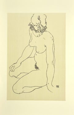 Kneeling Female Nude, Turning to the Right  -  Lithograph after E. Schiele