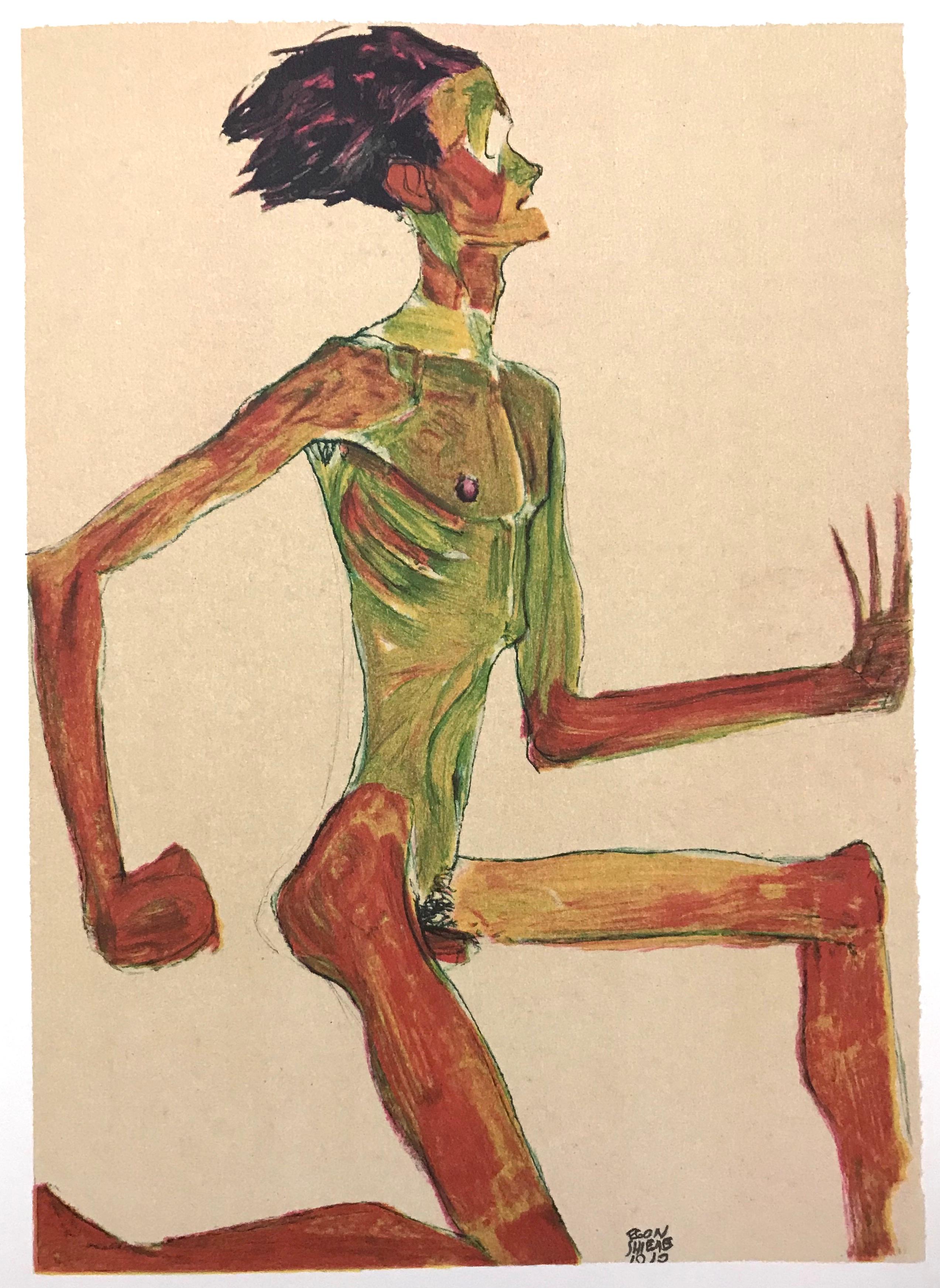 (after) Egon Schiele Nude Print - Kneeling Male Nude in Profile  - 2000s - Lithograph - Modern Art