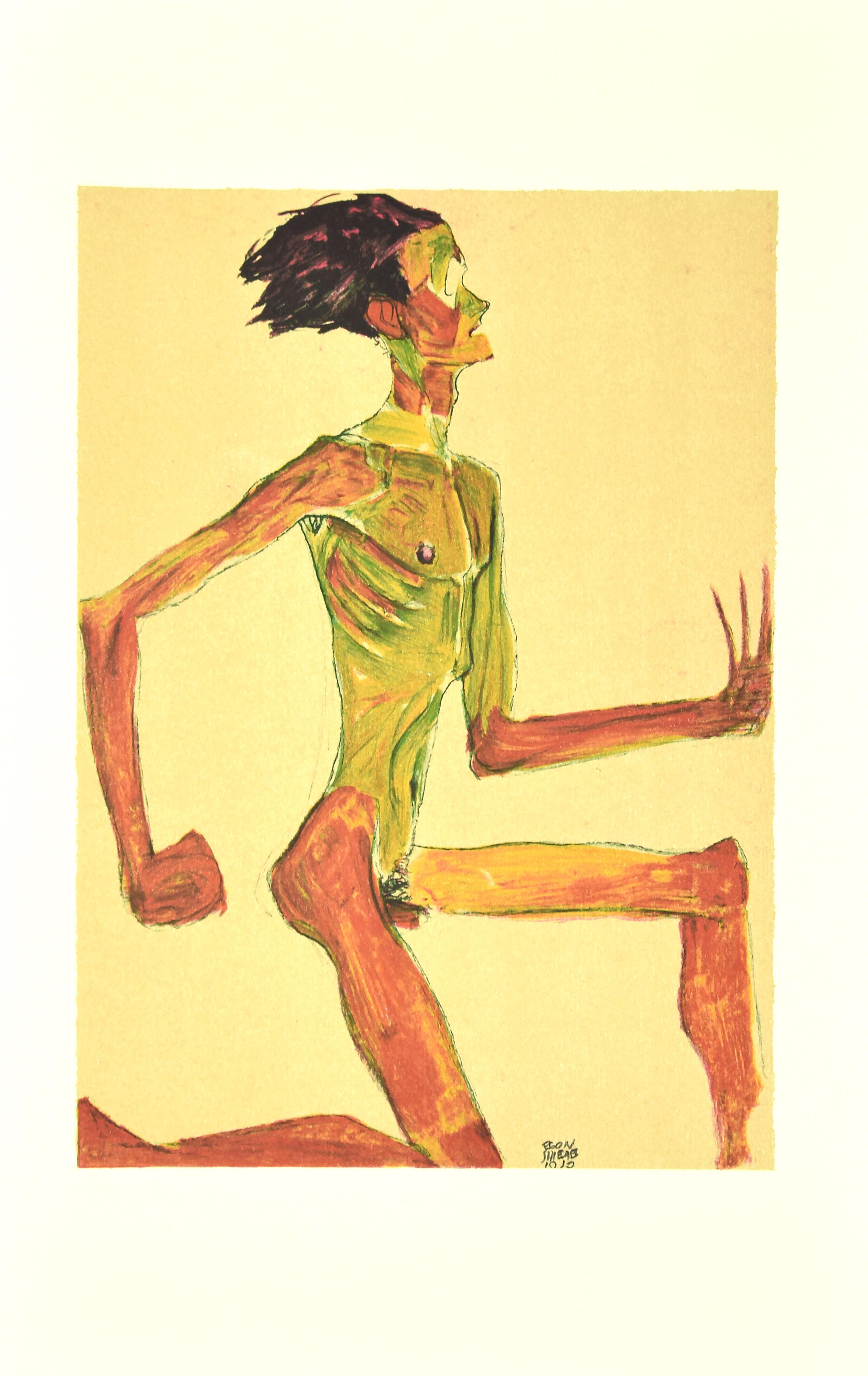 Nu masculin agenouillé de profil - Lithographie originale d'après E. Schiele