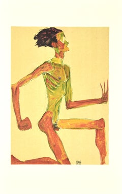 Kneeling Male Nude in Profile - Original Lithograph after E. Schiele