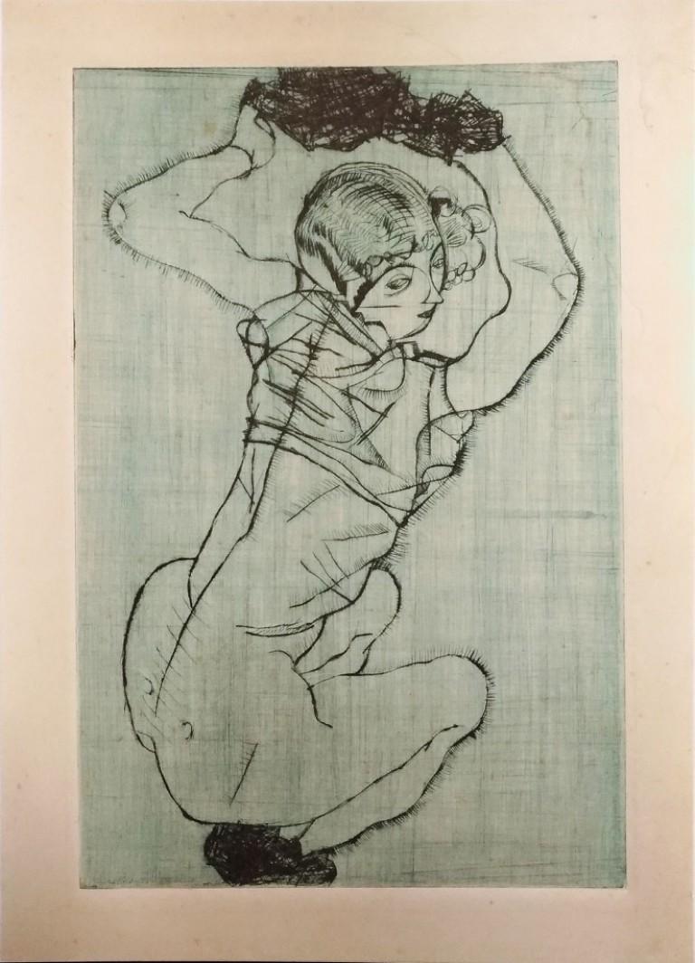 Knieendes Mädchen - Lithographie nach Egon Schiele