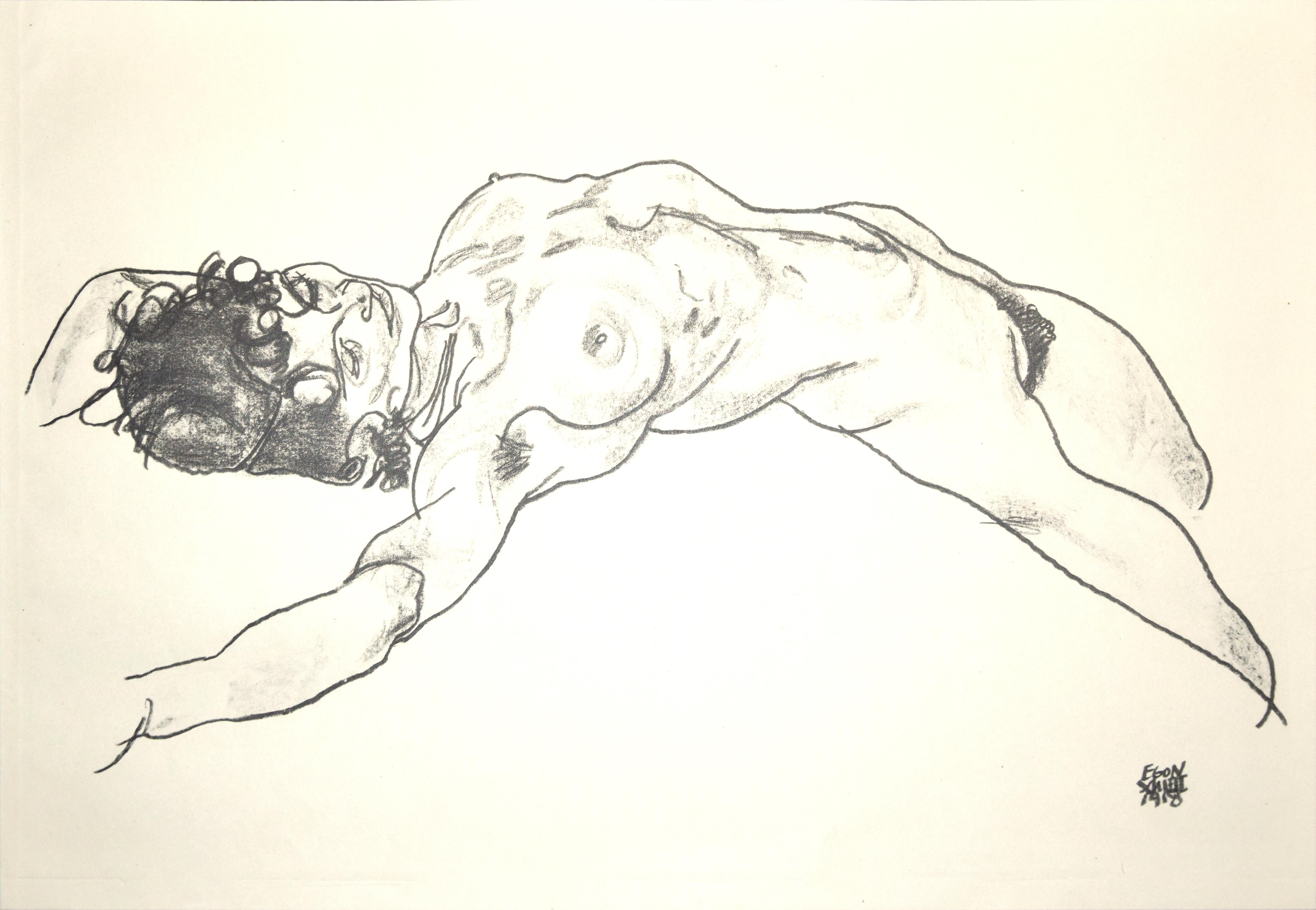 (after) Egon Schiele Nude Print - Lying Female Nude - Original Collotype Print After Egon Schiele - 1920