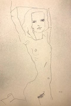 Nudefarbenes Mädchen mit erhobenen Armen – Egon Schiele – Moderne Kunst