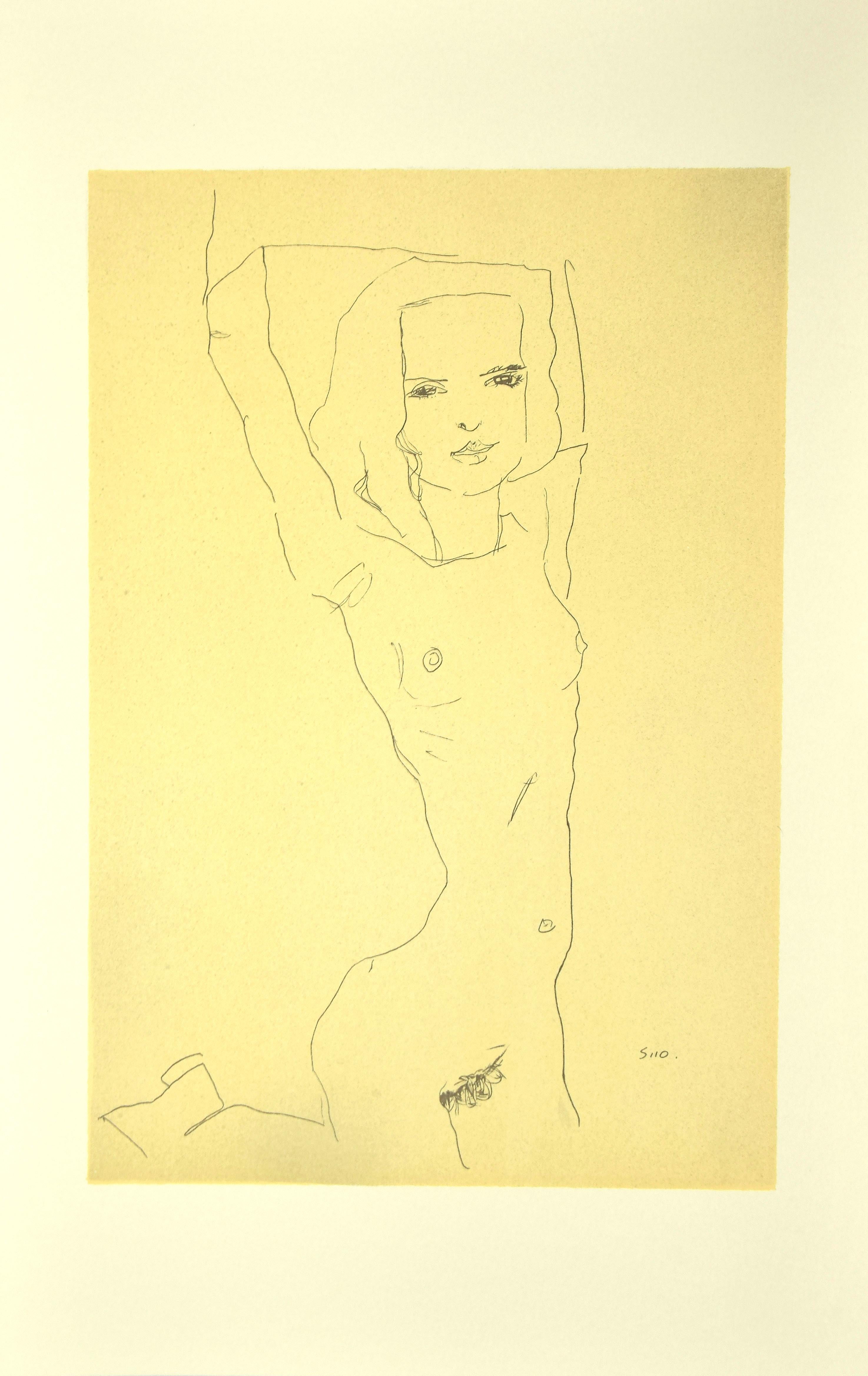 (after) Egon Schiele Nude Print - Nude Girl with Raised Arms - Original Lithograph after E. Schiele
