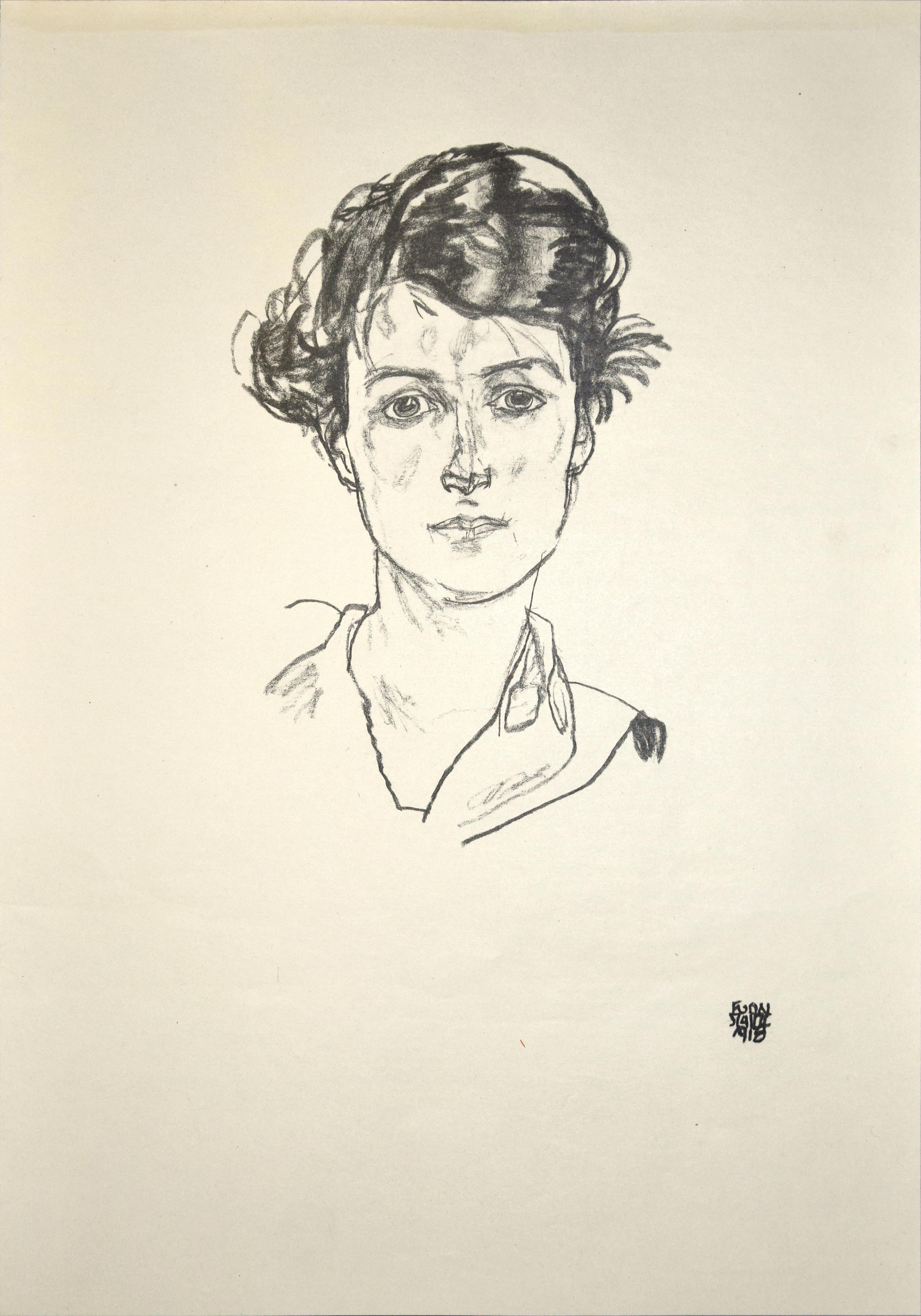 (after) Egon Schiele Portrait Print - Portrait of a Young Woman - Original Collotype Print After Egon Schiele - 1920