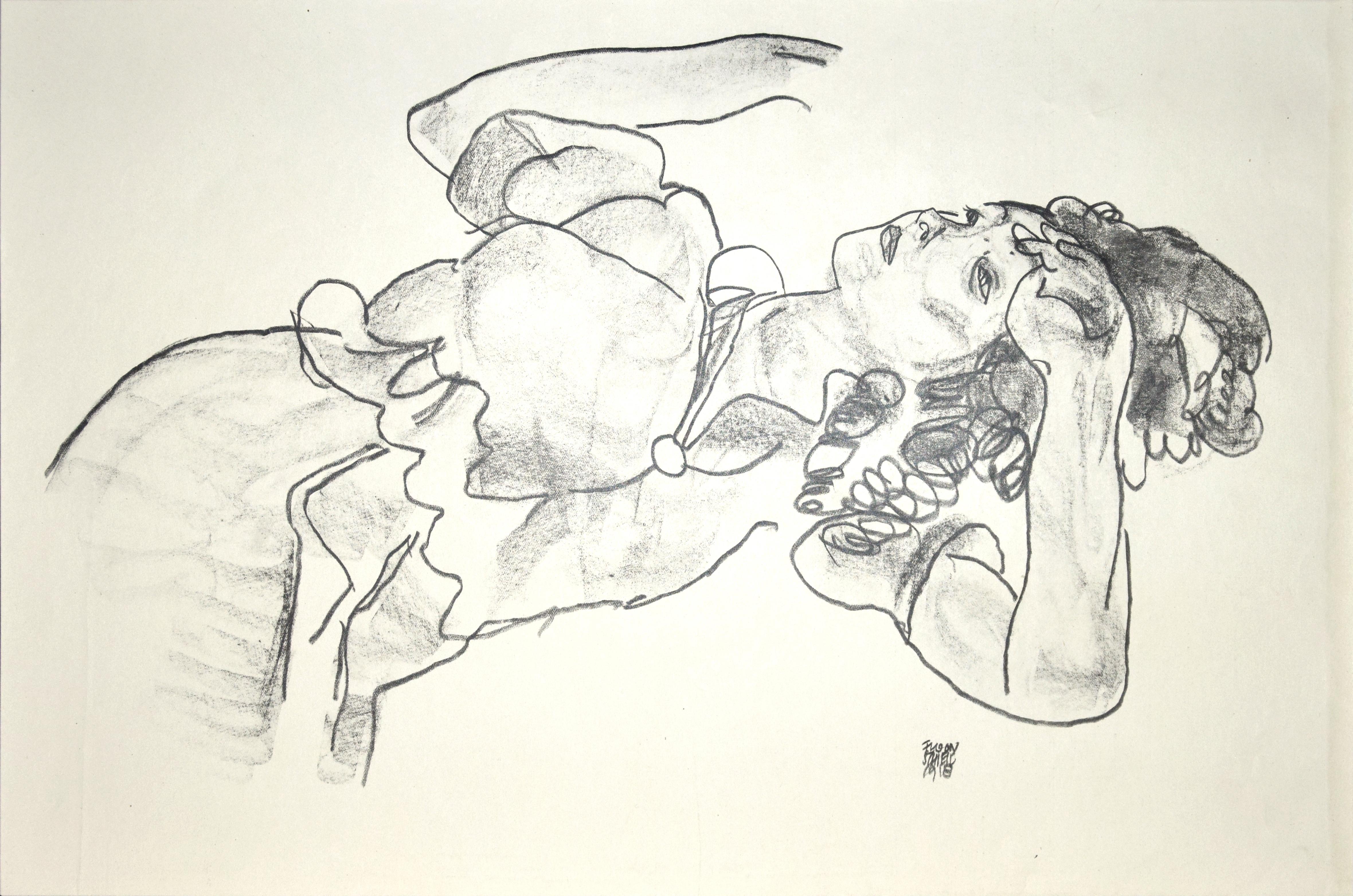 (after) Egon Schiele Nude Print - Reclining Girl - Original Collotype Print After Egon Schiele - 1920