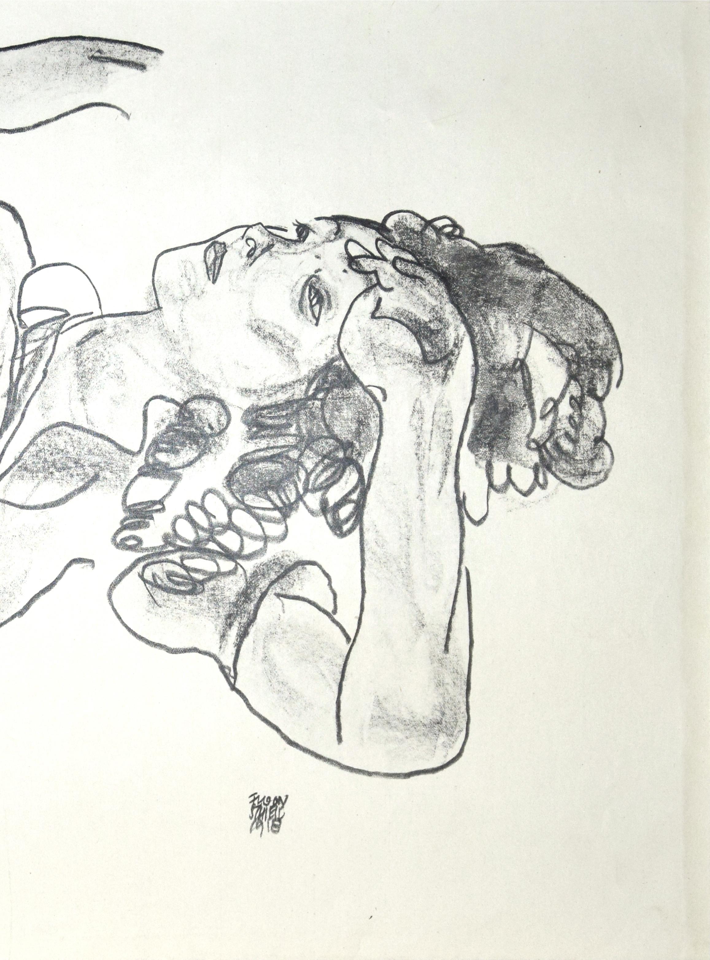 Reclining Girl - Original Collotype Print After Egon Schiele - 1920 - Beige Nude Print by (after) Egon Schiele