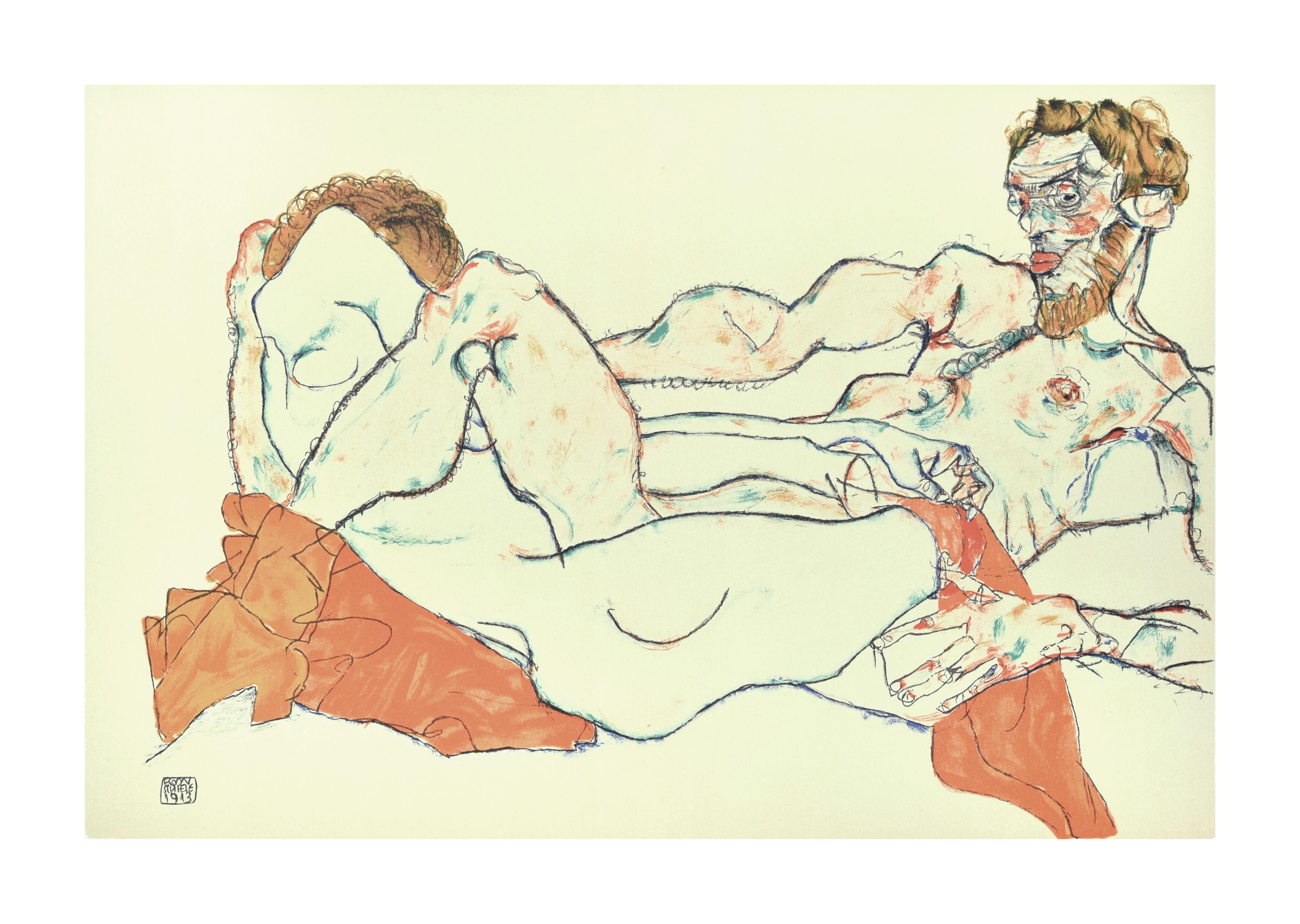 (after) Egon Schiele Nude Print - Reclining Male and Female Nude, Entwined - 2000s - Lithograph After Egon Schiele