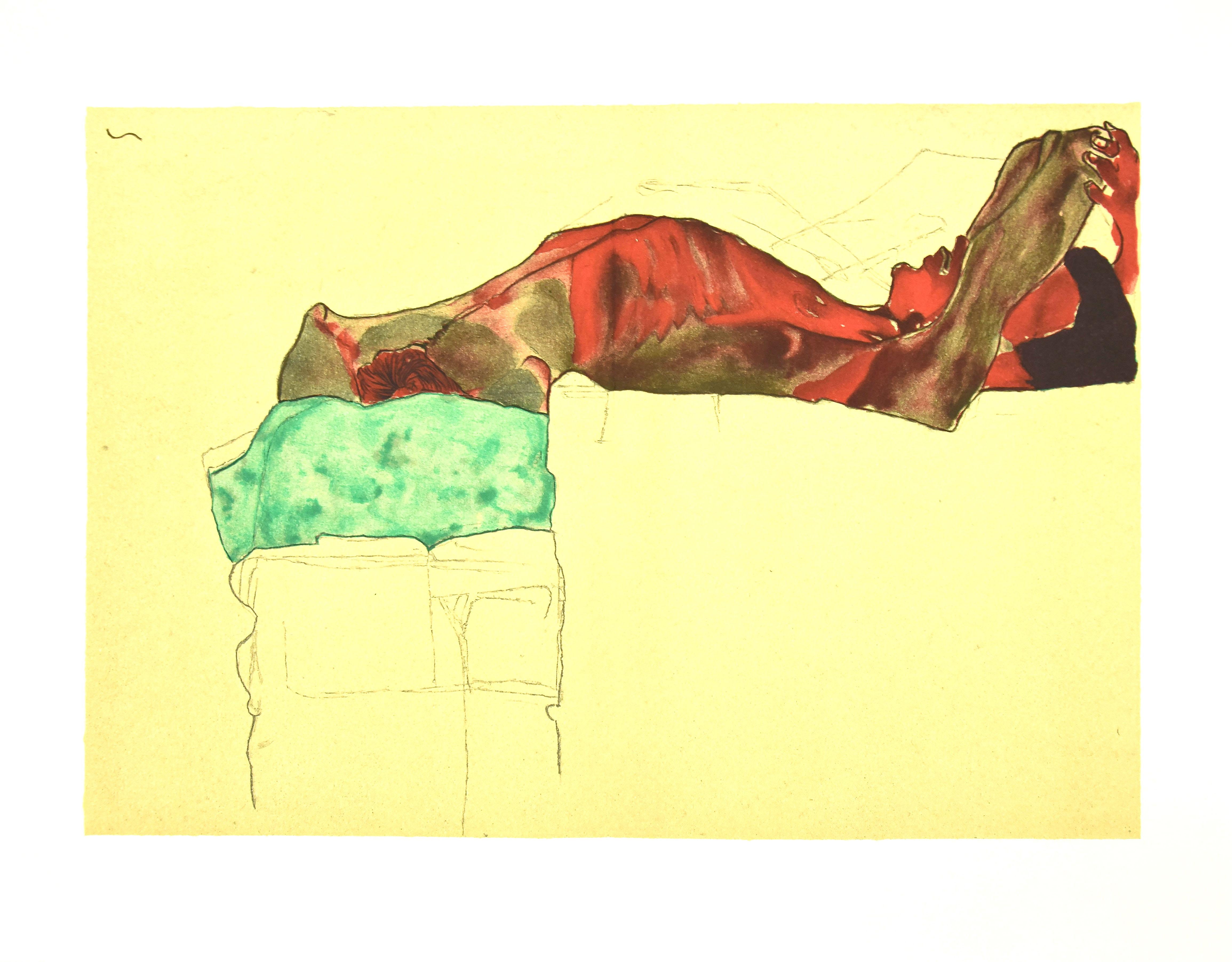 (after) Egon Schiele Nude Print - Reclining Male Nude with Green Cloth - Original Lithograph after E. Schiele
