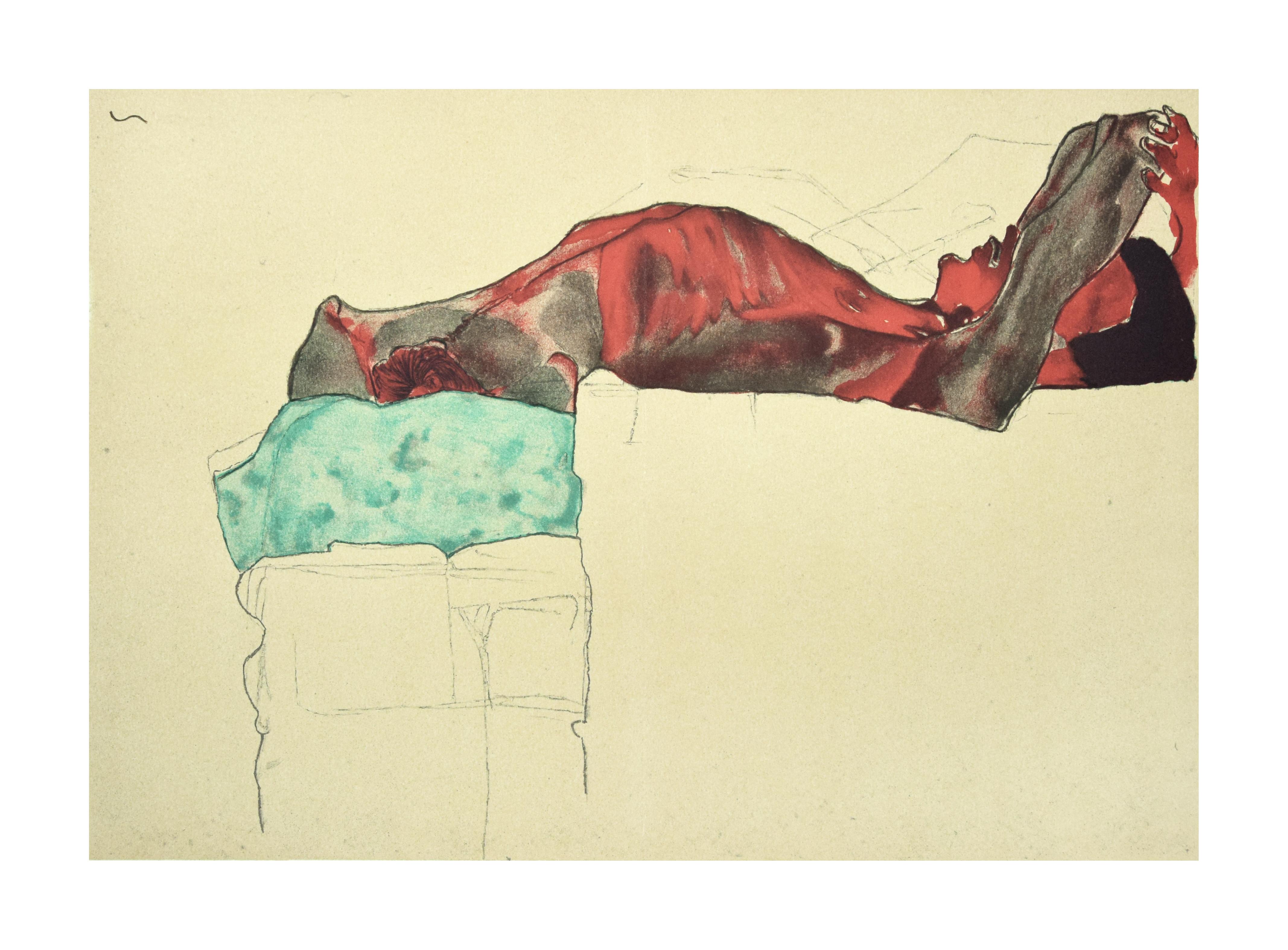 Homme couché nu couché avec nu masculin  - Années 2000 - Lithographie d'après Egon Schiele
