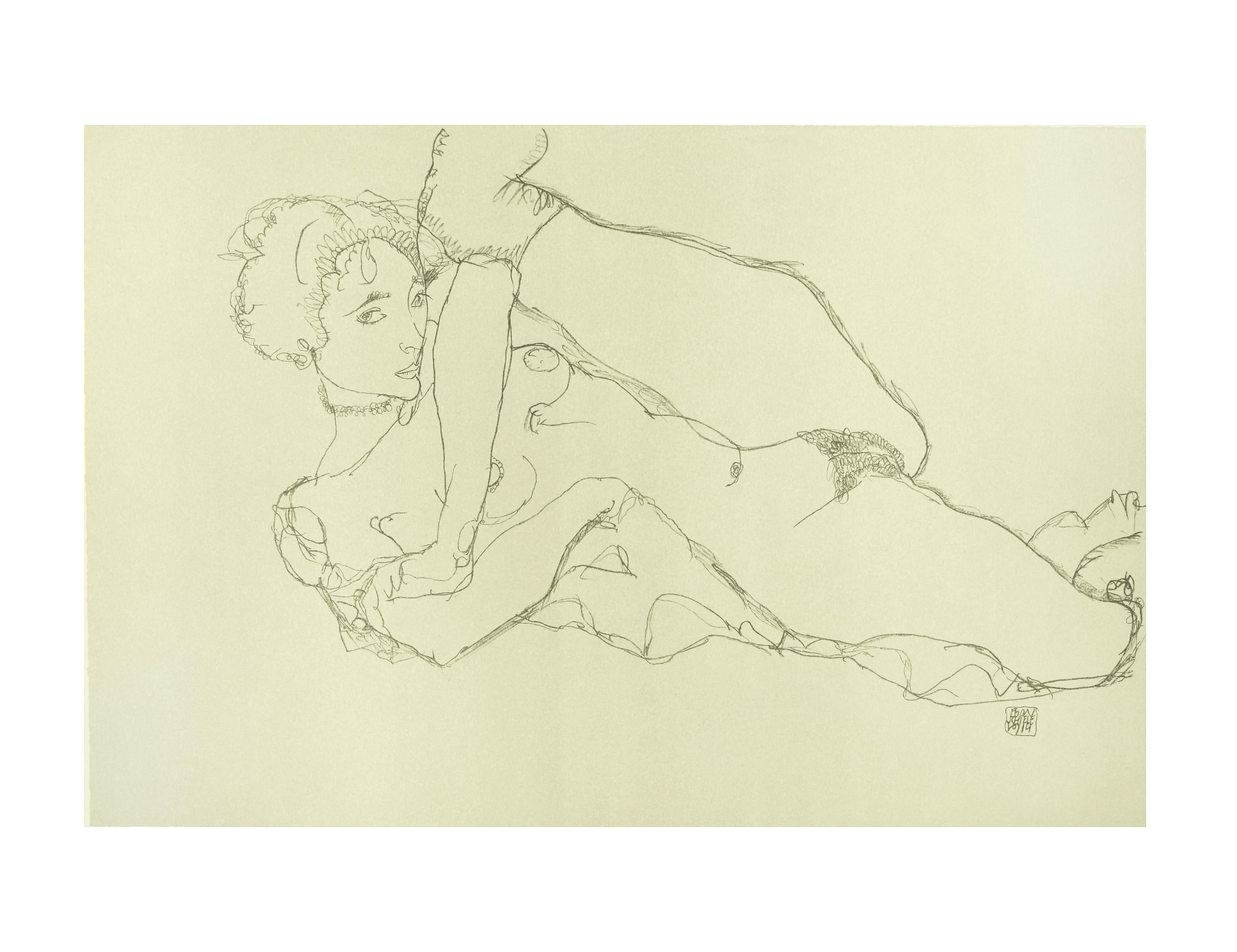 Nu couché, jambe gauche levée - Lithographie d'après Egon Schiele, années 2000
