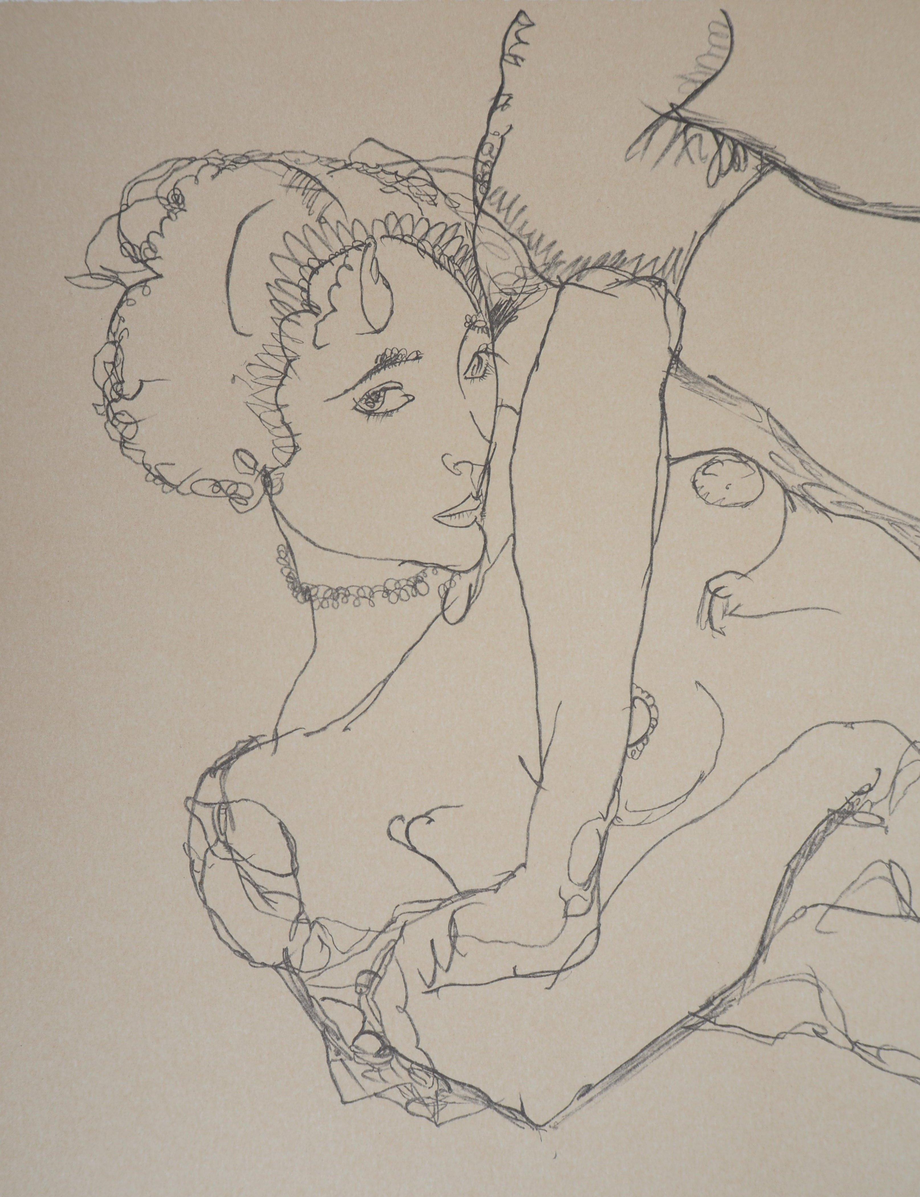 Rechteckiger Akt, linkes Bein hochgezogen – Lithographie (Kallir #1531) (Beige), Nude Print, von (after) Egon Schiele