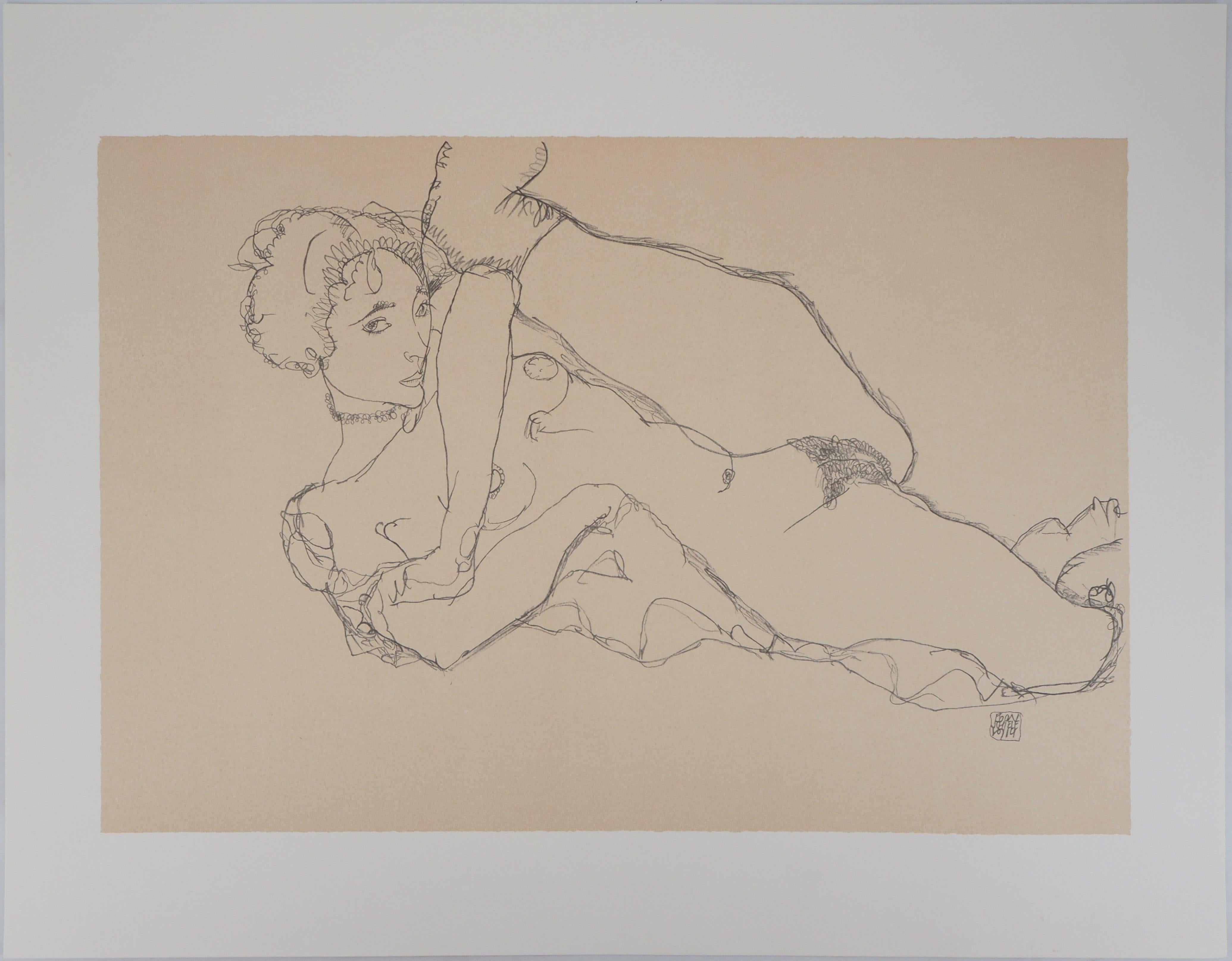 (after) Egon Schiele Nude Print – Rechteckiger Akt, linkes Bein hochgezogen – Lithographie (Kallir #1531)