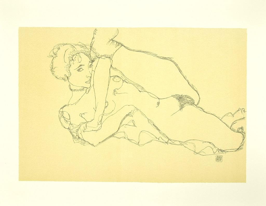 Reclining Nude, Left Leg Raised - Original Lithograph after E. Schiele - 2007