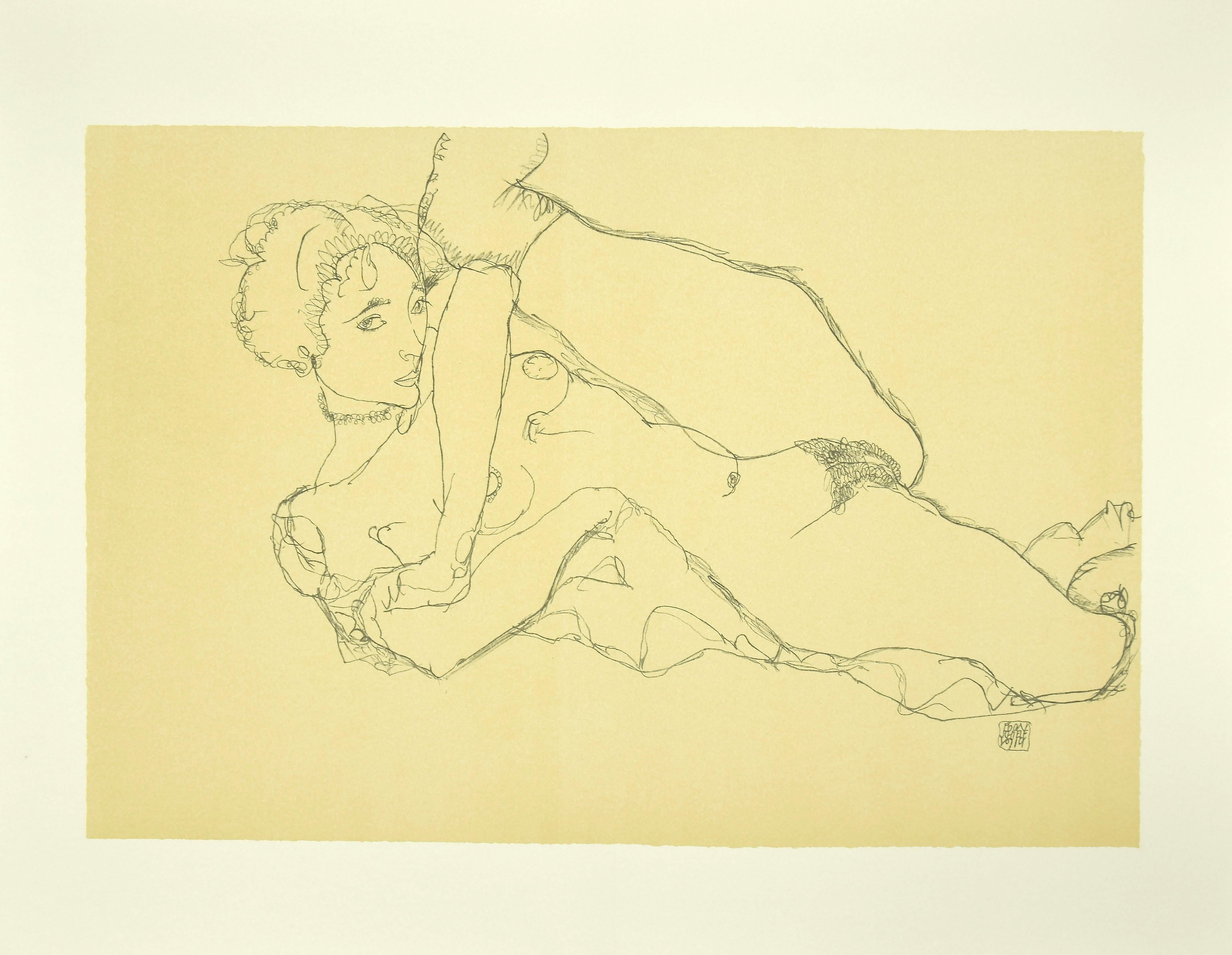 (after) Egon Schiele Nude Print - Reclining Nude, Left Leg Raised - Original Lithograph After Egon Schiele