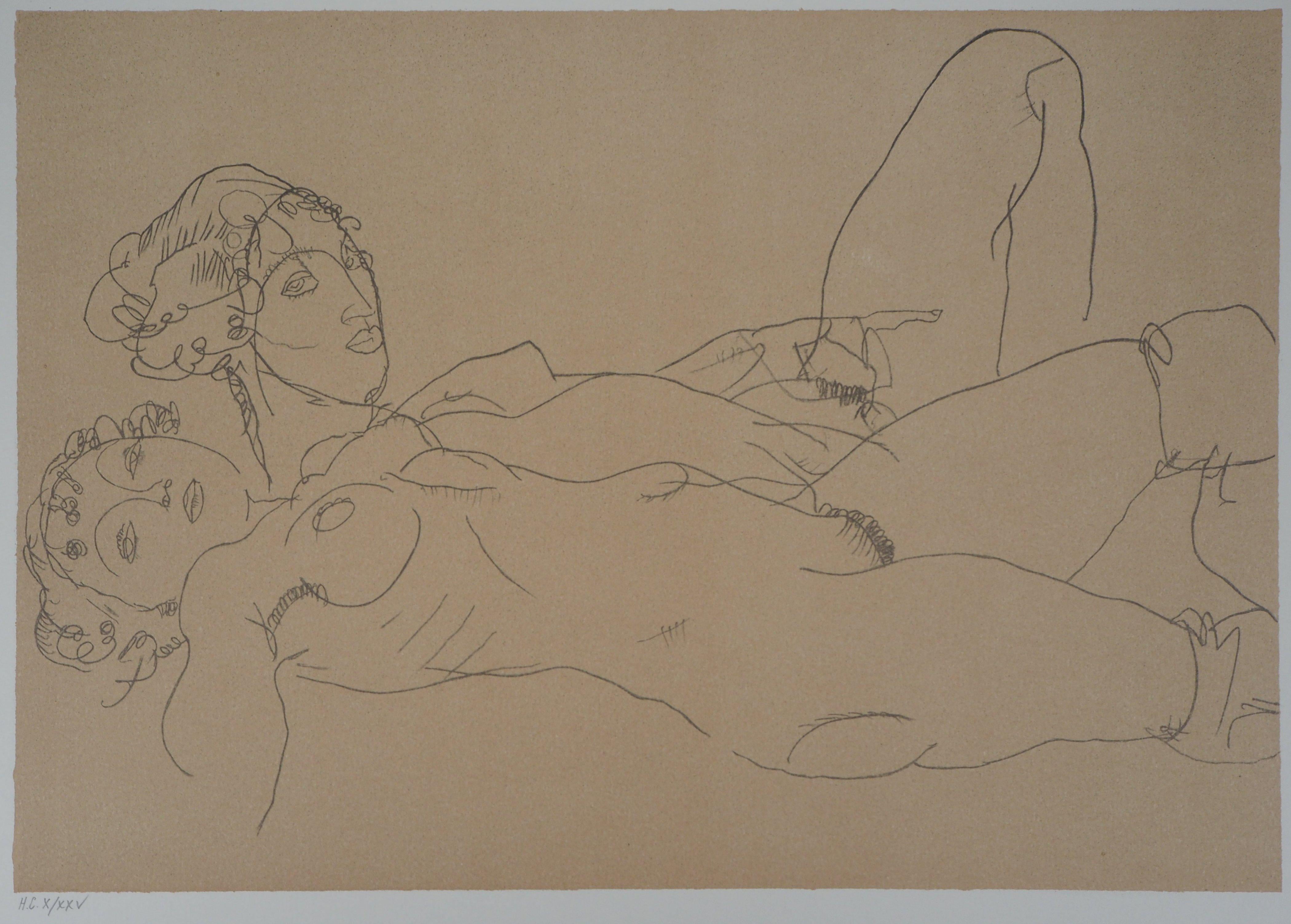 Twins nus allongés - Lithographie - Print de (after) Egon Schiele