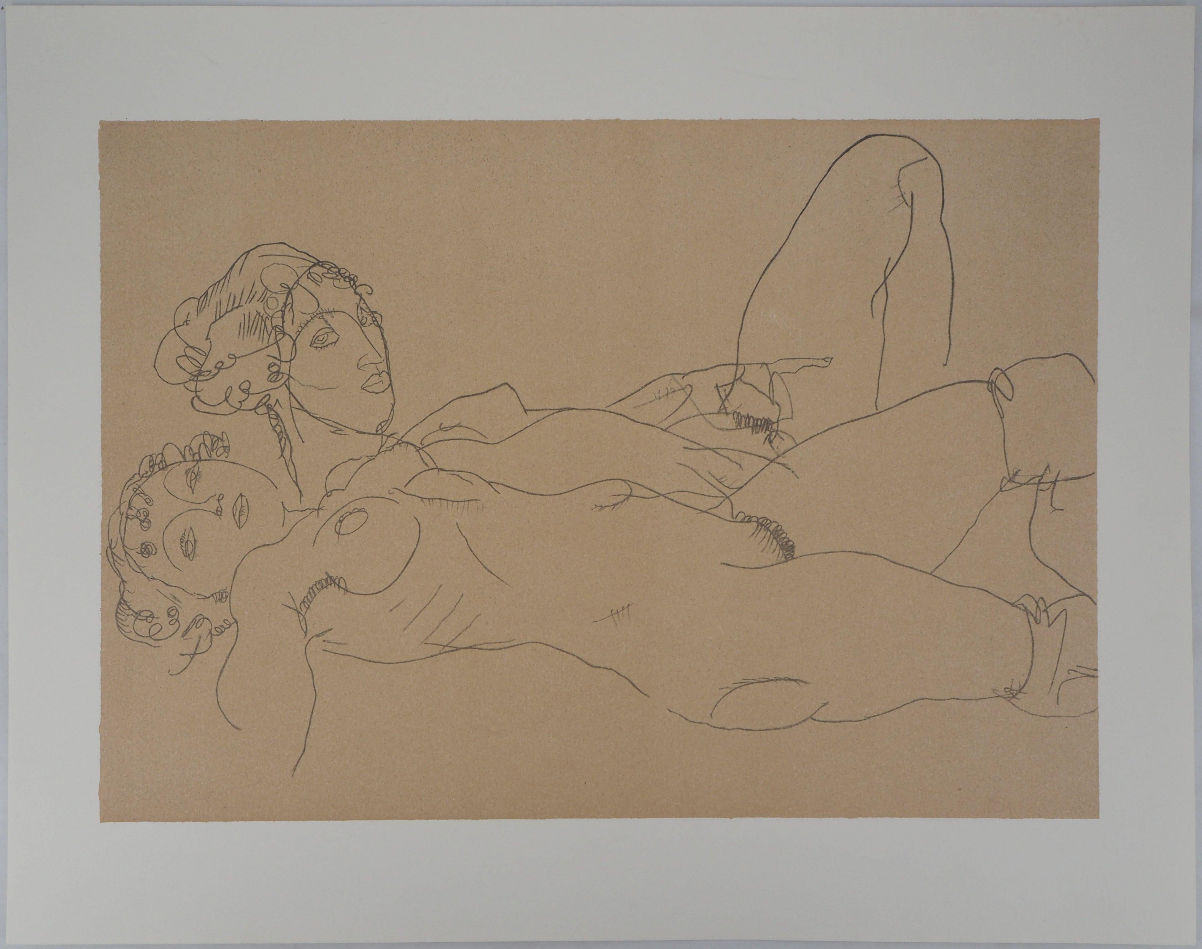 (after) Egon Schiele Nude Print - Reclining Nude Twins - Lithograph