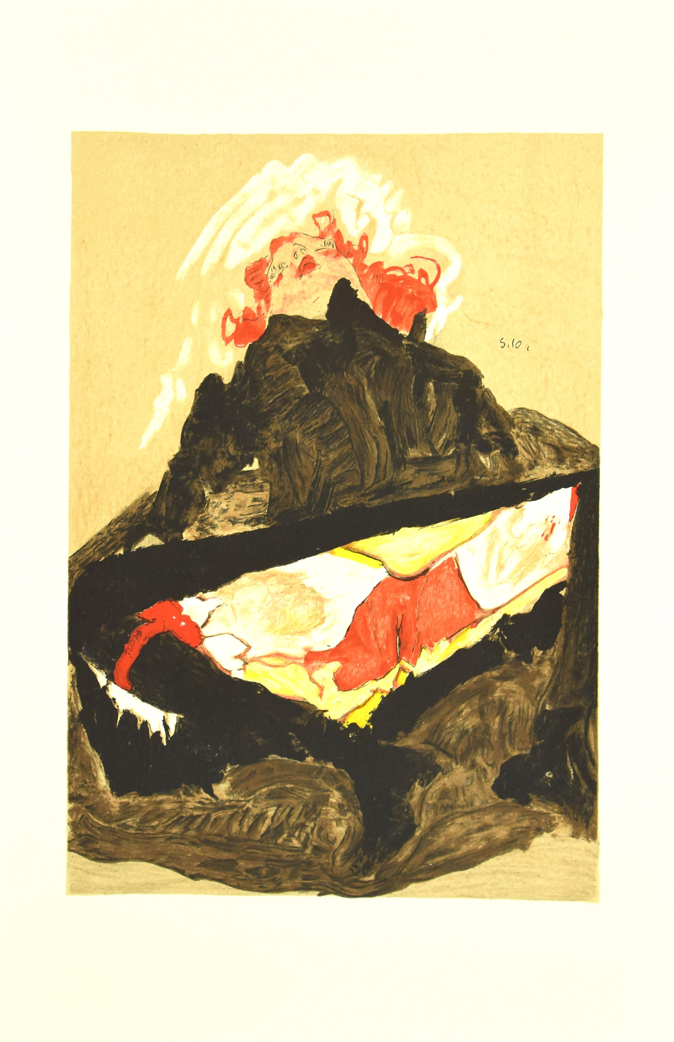 Figurative Print (after) Egon Schiele - Jeune fille aux pieds évasés rouges - Lithographie originale d'après E. Schiele