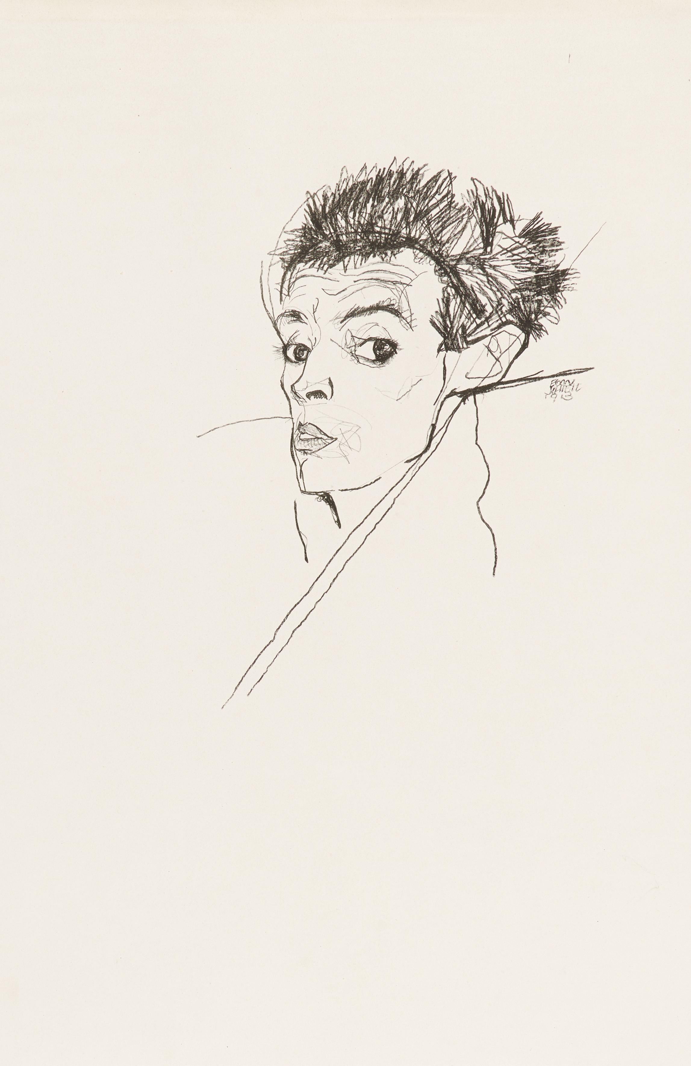 (after) Egon Schiele Portrait Print - Selfportrait - Original Collotype Print After Egon Schiele - 1920