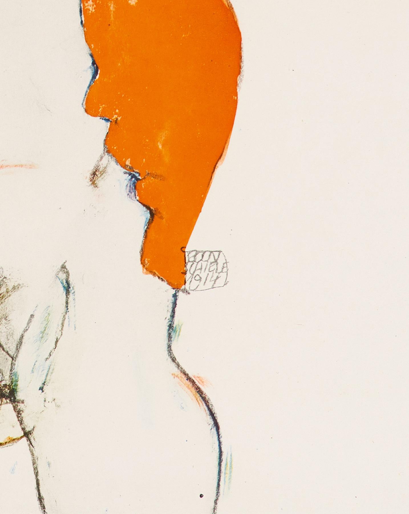 Sitting Female Nude is a beautiful colored collotype from the series “Handzeichnungen” (1920), a fine art portfolio by Egon Schiele.

Signed on plate “Egon Schiele 1914” on the lower right margin. This is one of the four colored collotypes of the