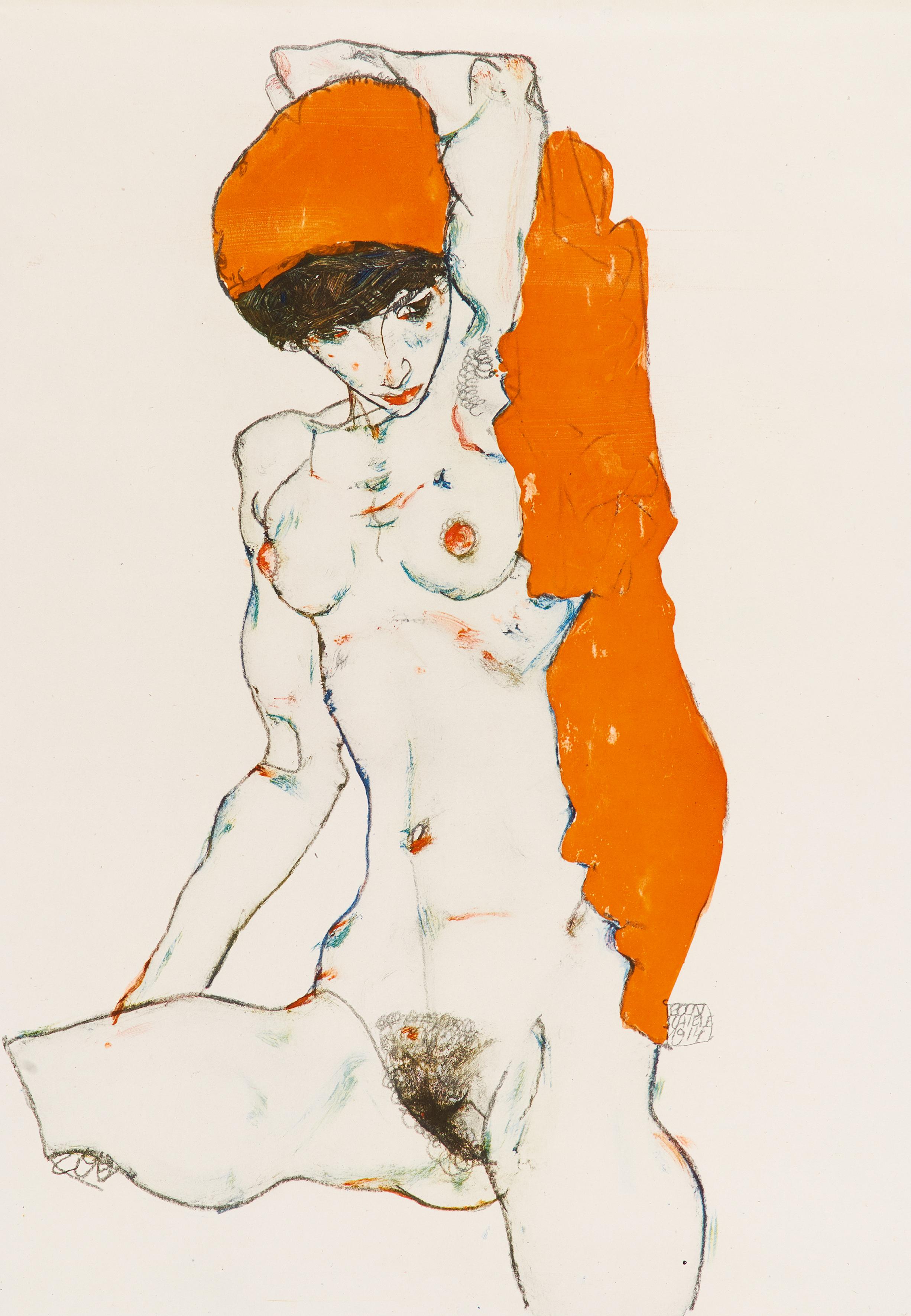 (after) Egon Schiele Nude Print – Sitting Female Nude - Original Collotype Print After Egon Schiele - 1920