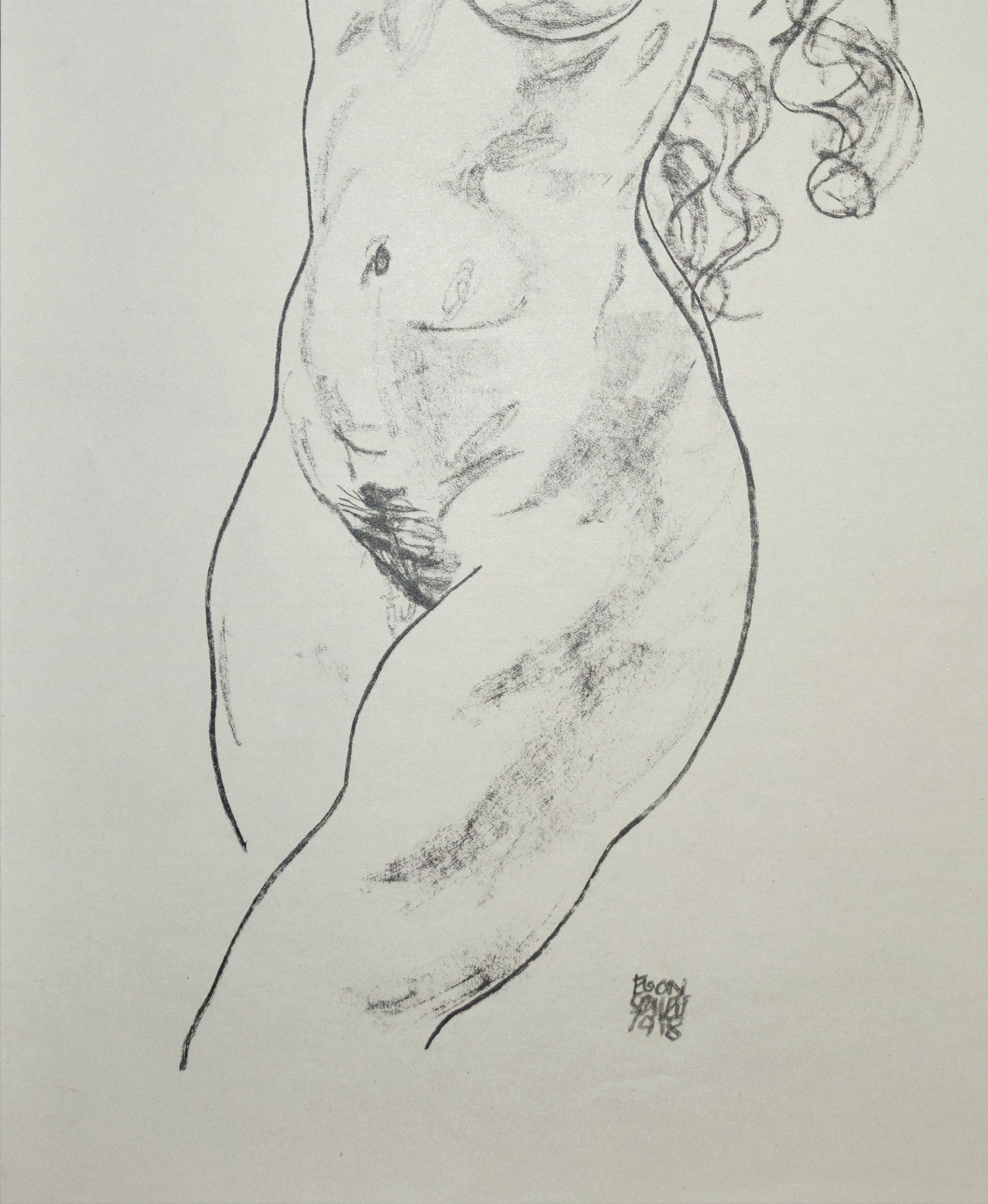 Standing Female Nude - Original Collotype Print After Egon Schiele - 1920 - Gray Nude Print by (after) Egon Schiele